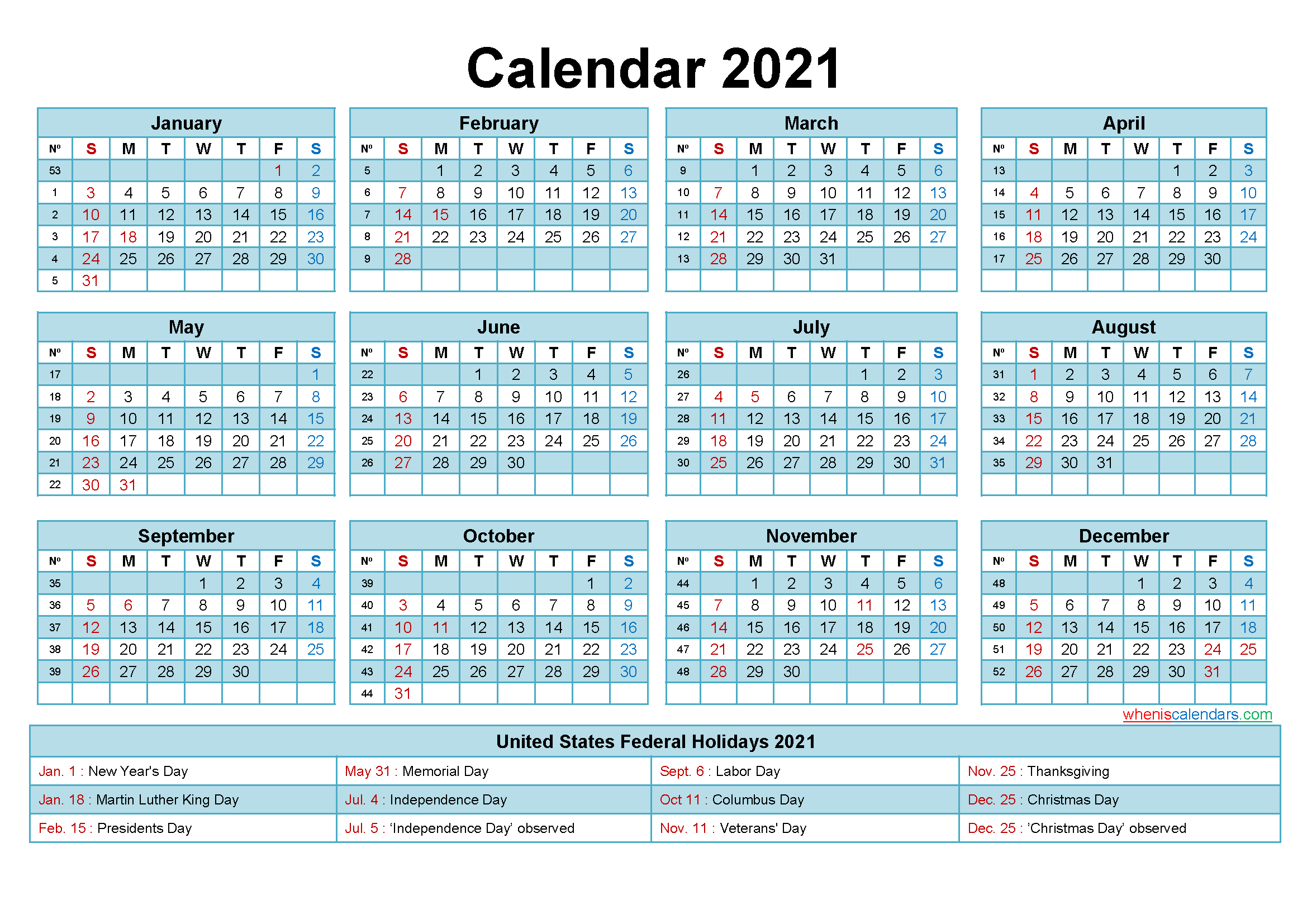 2021 Calendar with Holidays Printable Word, PDF