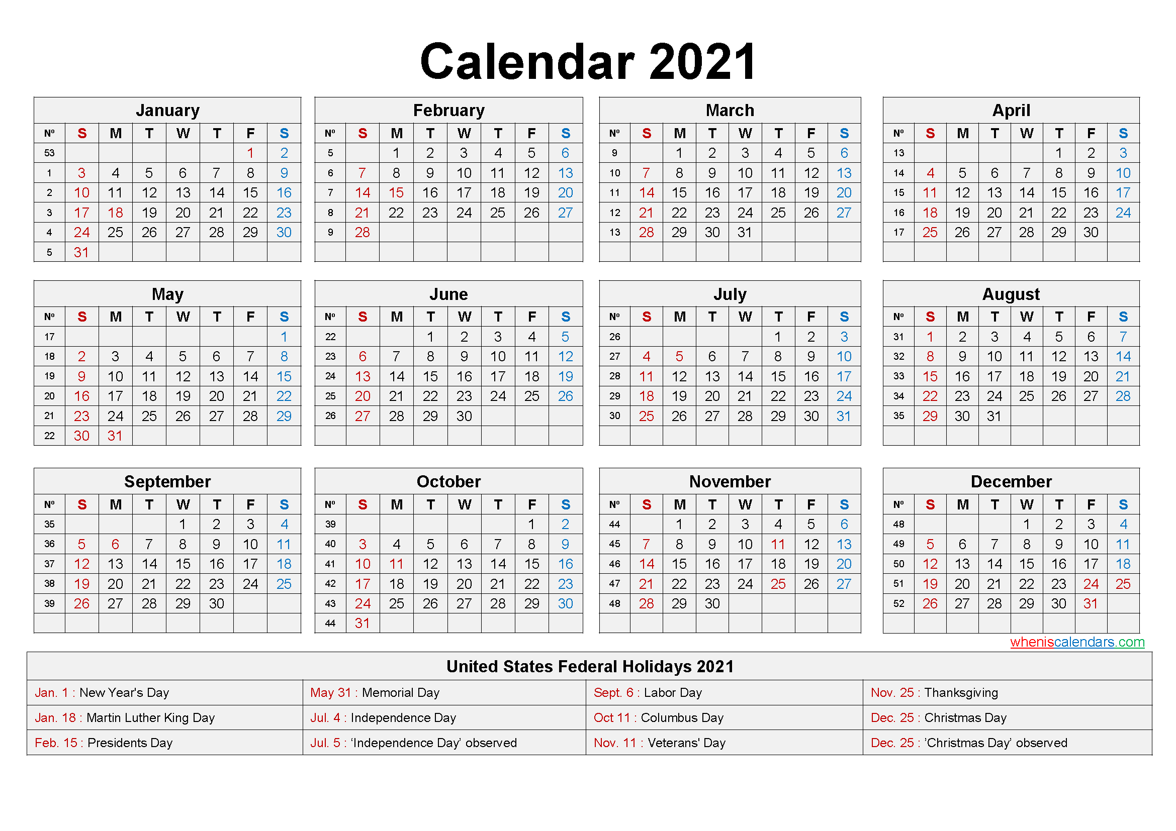 2021 calendar federal holidays Free Printable Yearly 2021 Calendar With Holidays As Word Pdf Free Printable 2020 Monthly Calendar With Holidays 2021 calendar federal holidays