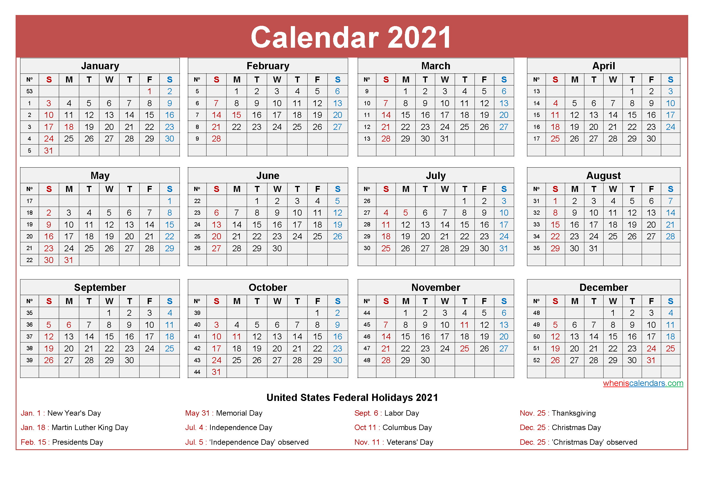 Free Yearly 2021 Calendar with Holidays Word, PDF