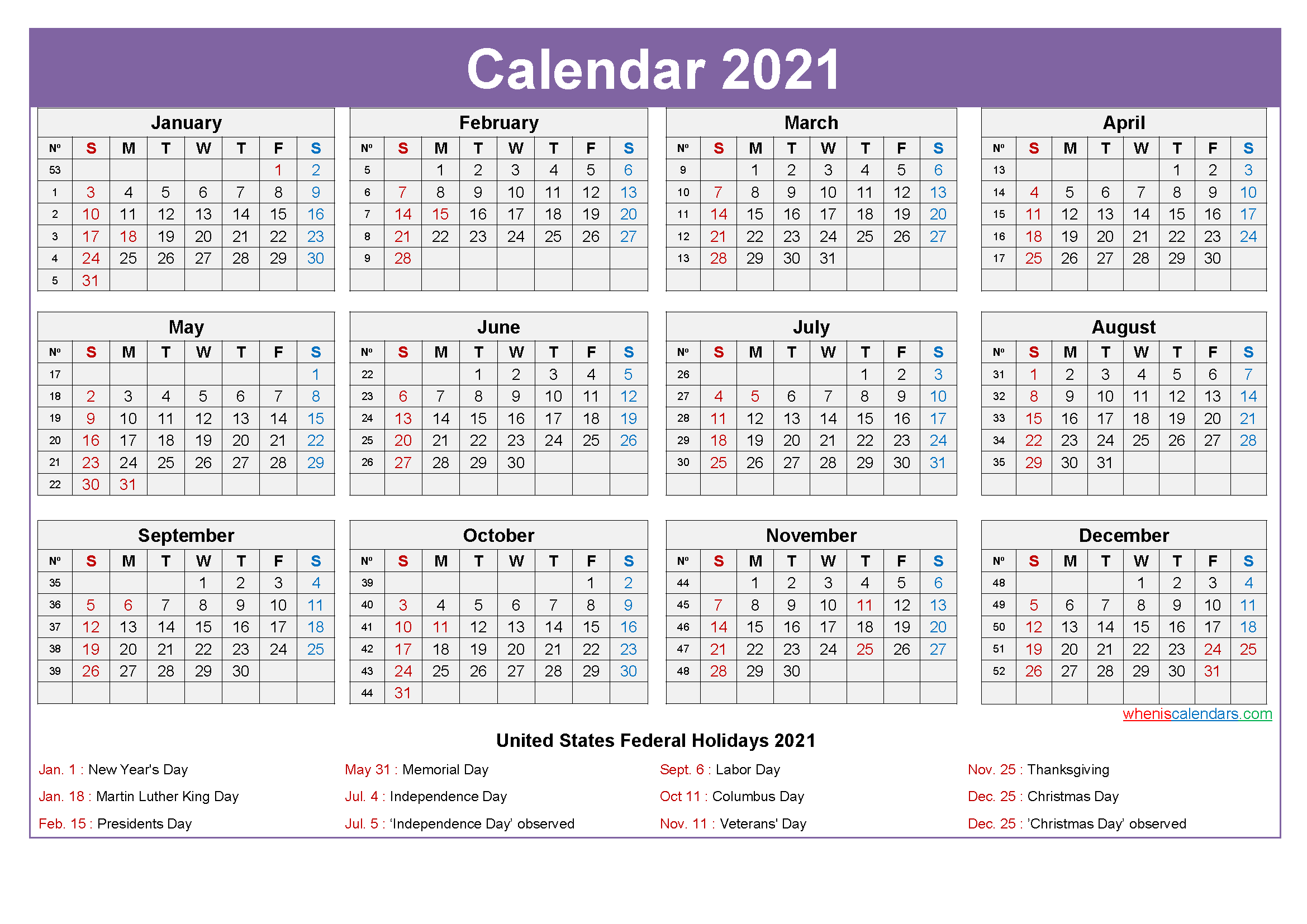 2021 Calendar with Holidays Template Word, PDF
