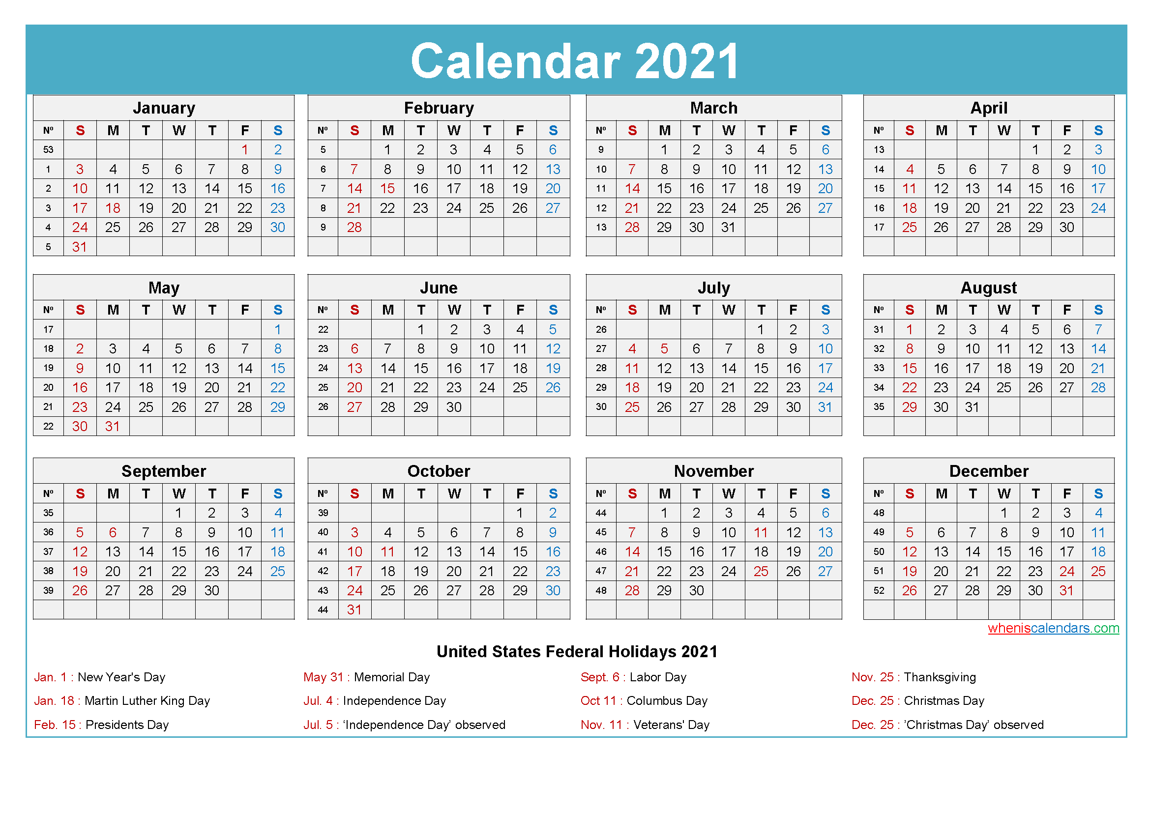 2021 Calendar with Holidays Printable Word, PDF - Free ...