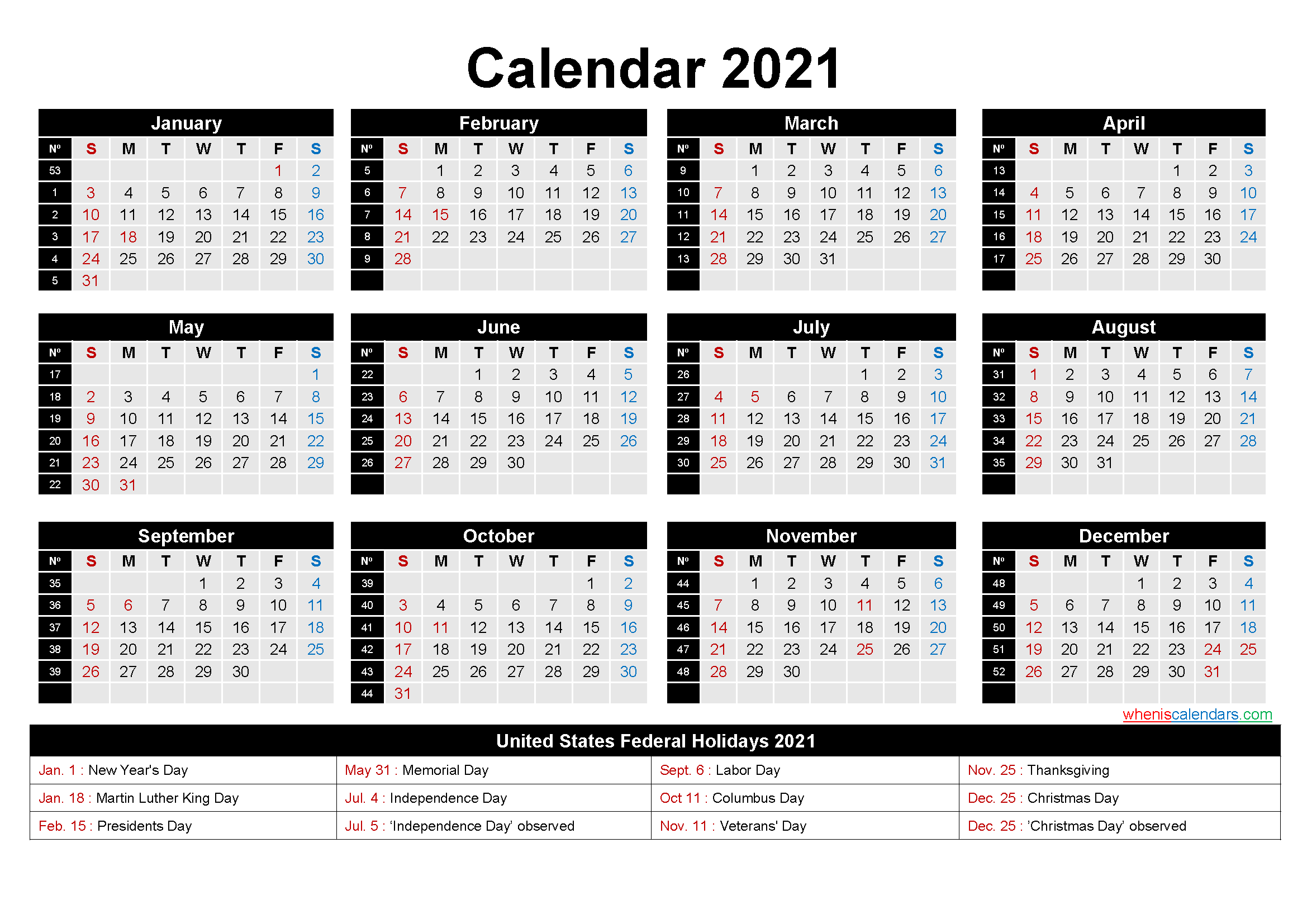 2021 calendar by week number ladegblogger