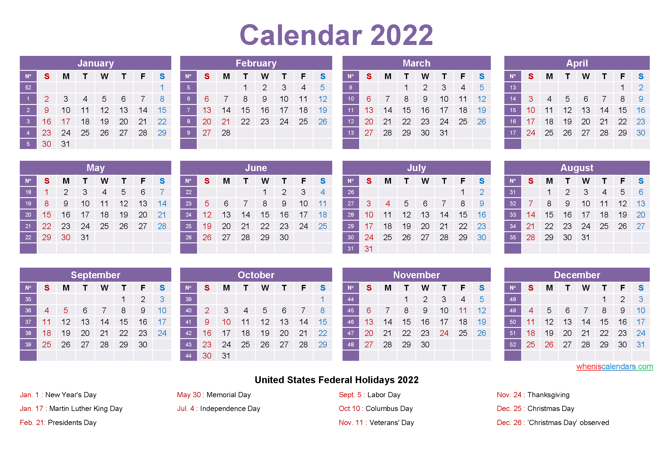 2022 Calendar with Holidays Template Word, PDF