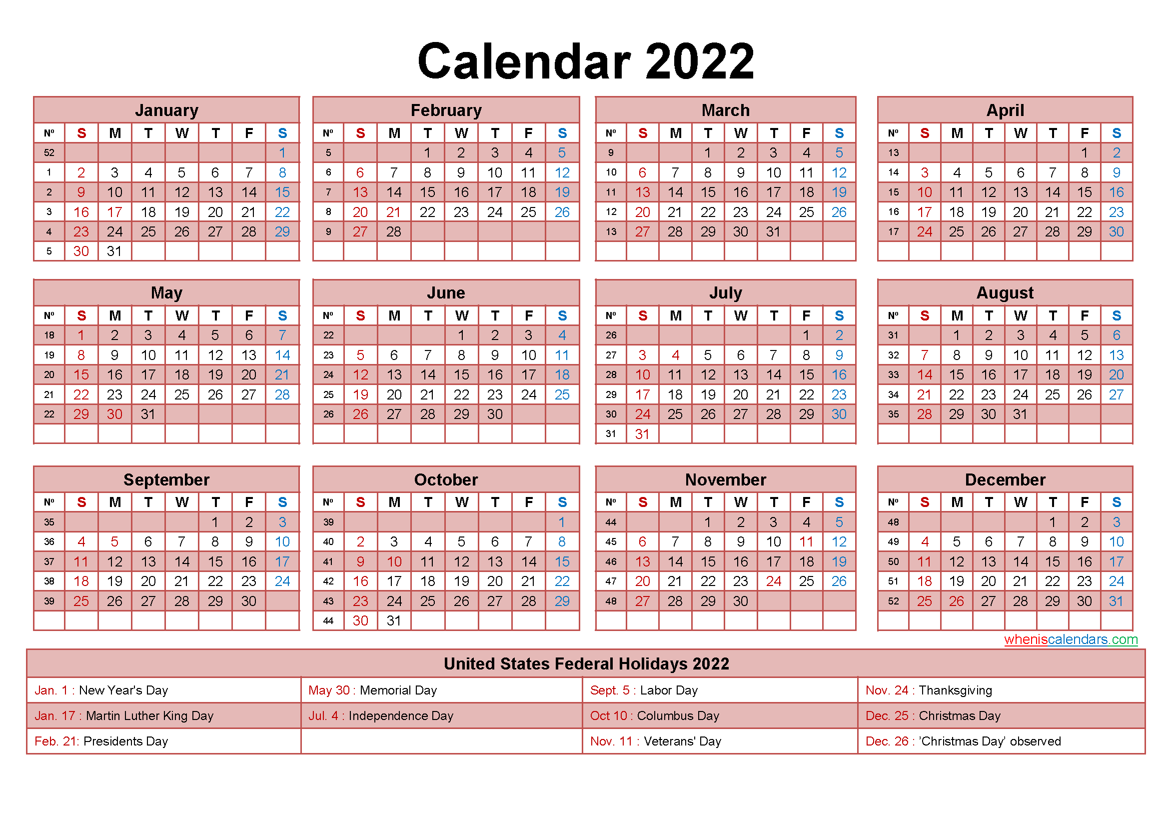 Free Yearly 2022 Calendar with Holidays Word, PDF