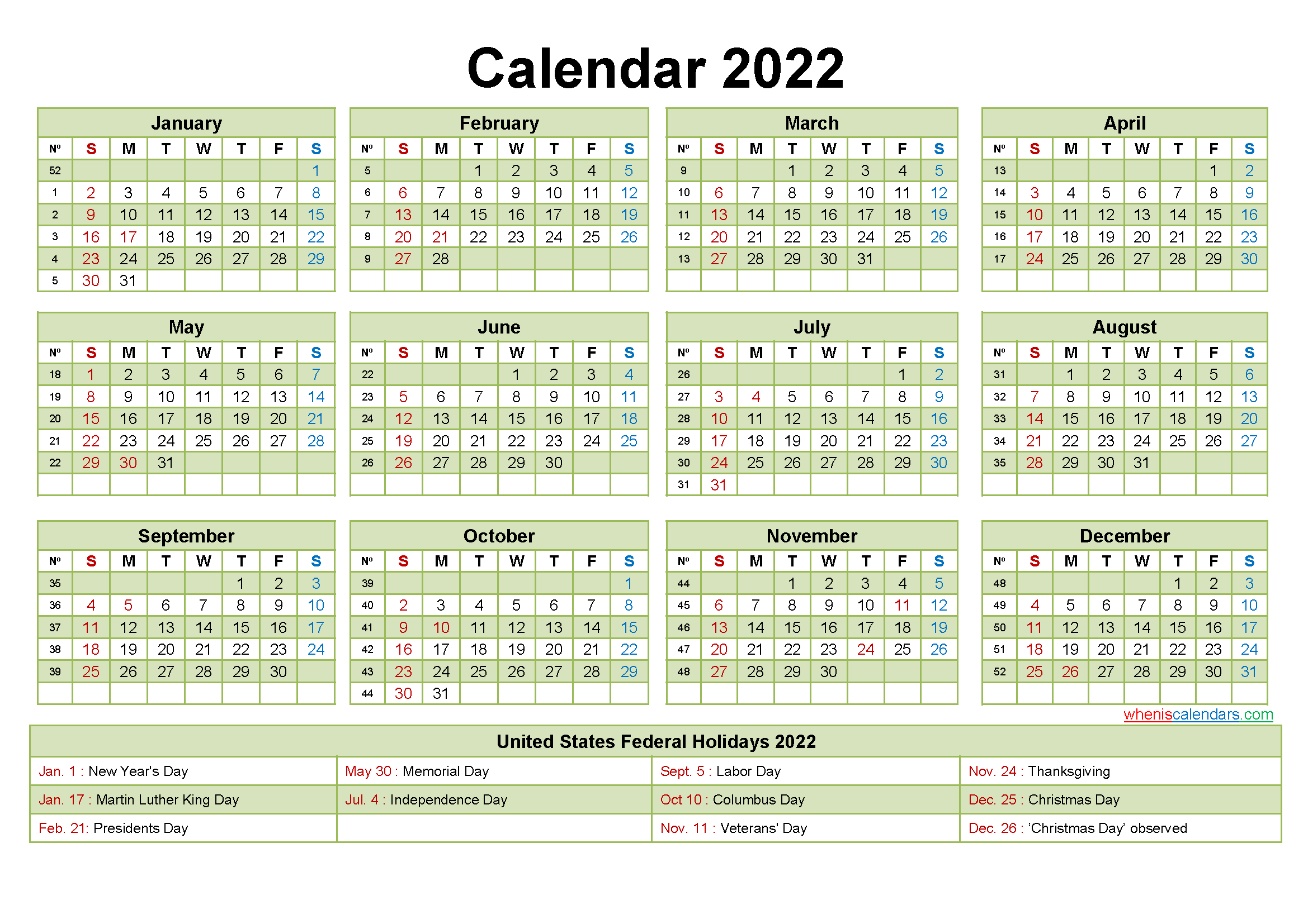 Printable Yearly 2022 Calendar with Holidays Word, PDF