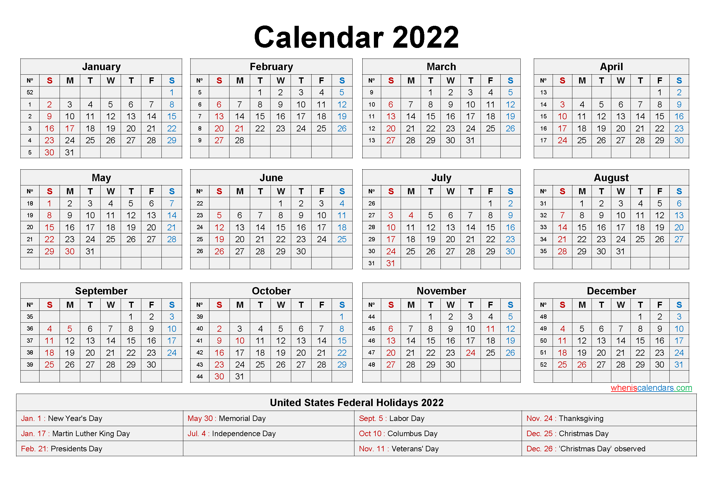 Free Printable Yearly 2022 Calendar with Holidays as Word, PDF