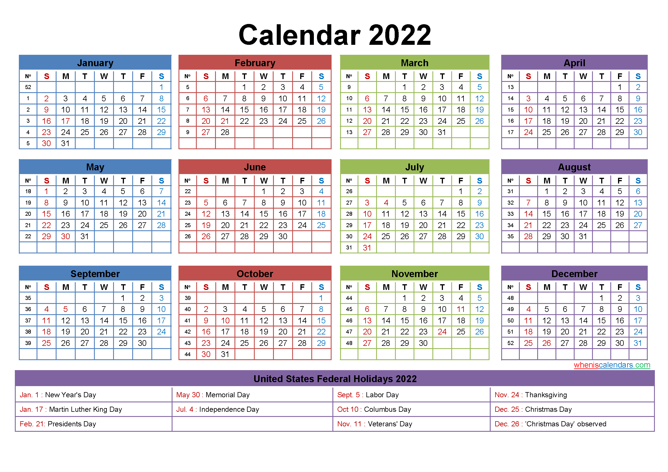 2022 Calendar with Holidays Printable Word, PDF