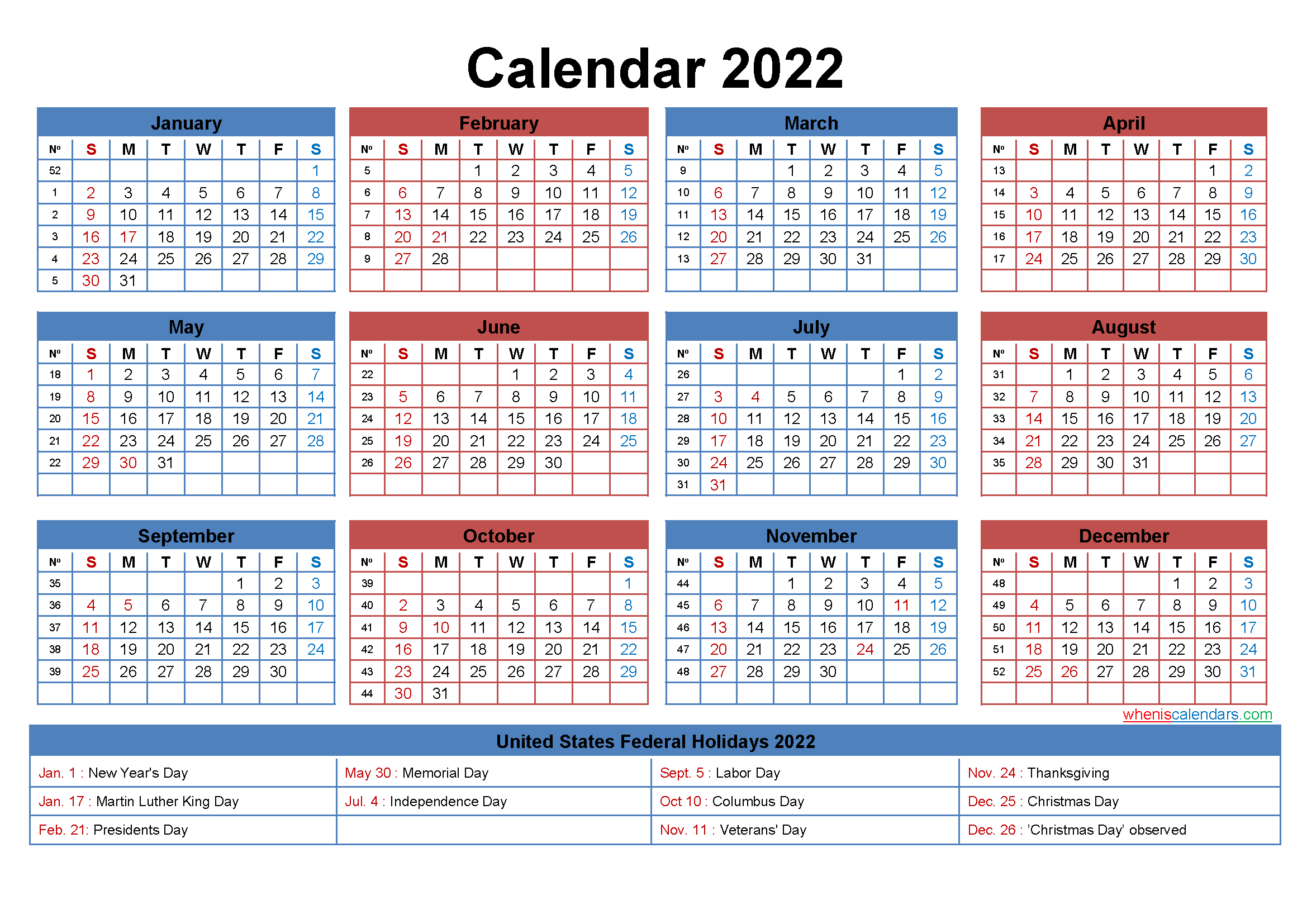Free Printable 2022 Calendar with Holidays as Word, PDF