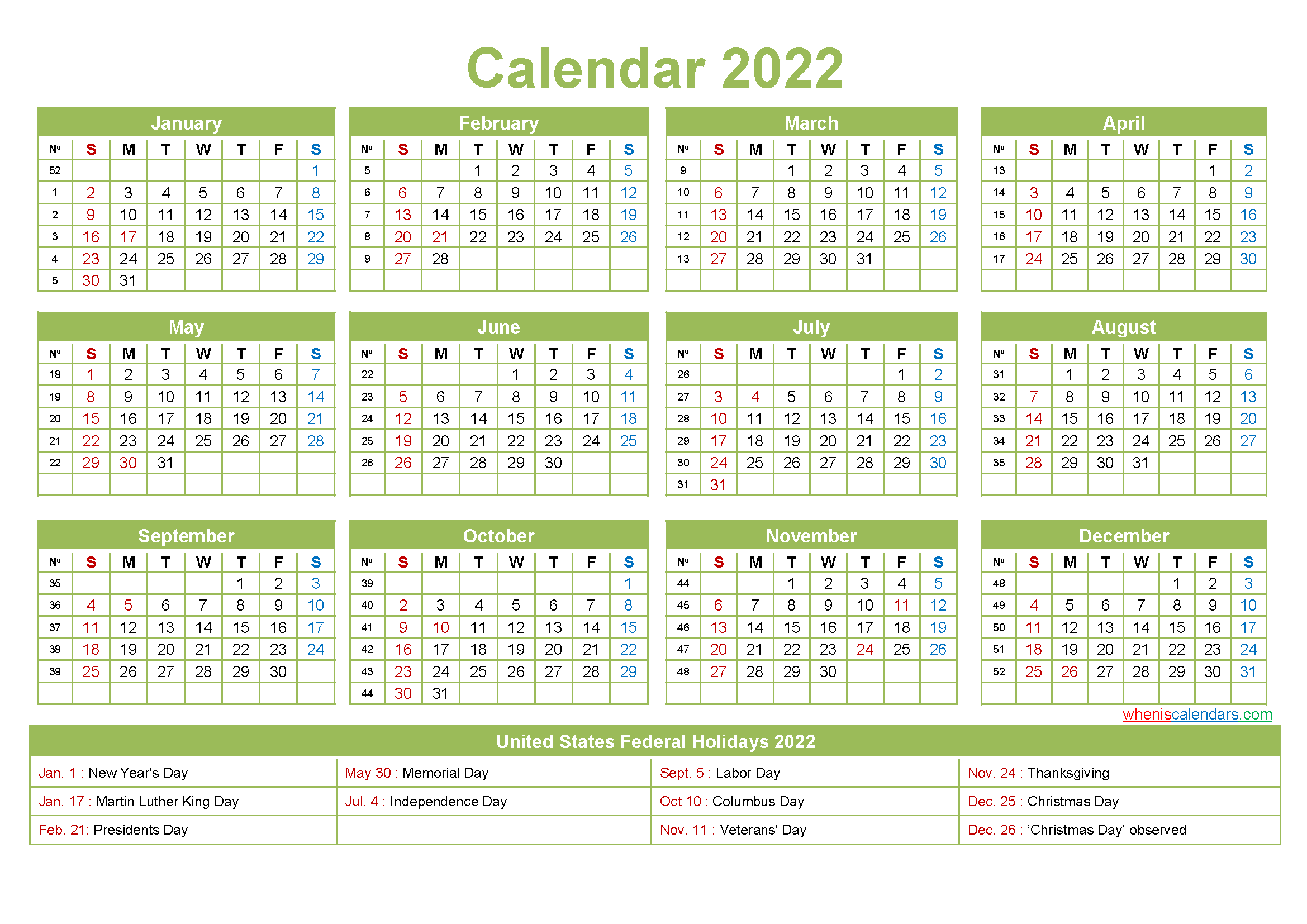 Free Yearly 2022 Calendar with Holidays Word, PDF | Free ...