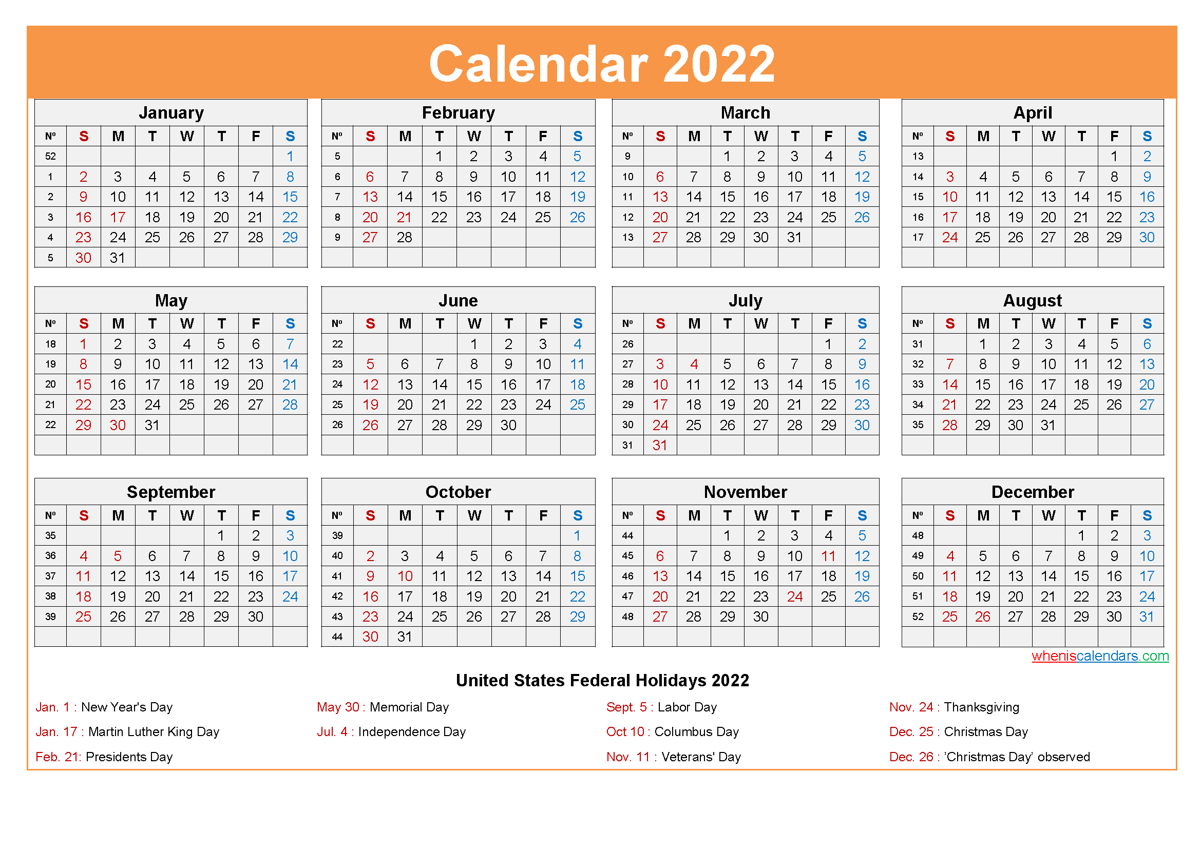 Free Printable 2022 Calendar with Holidays as Word, PDF