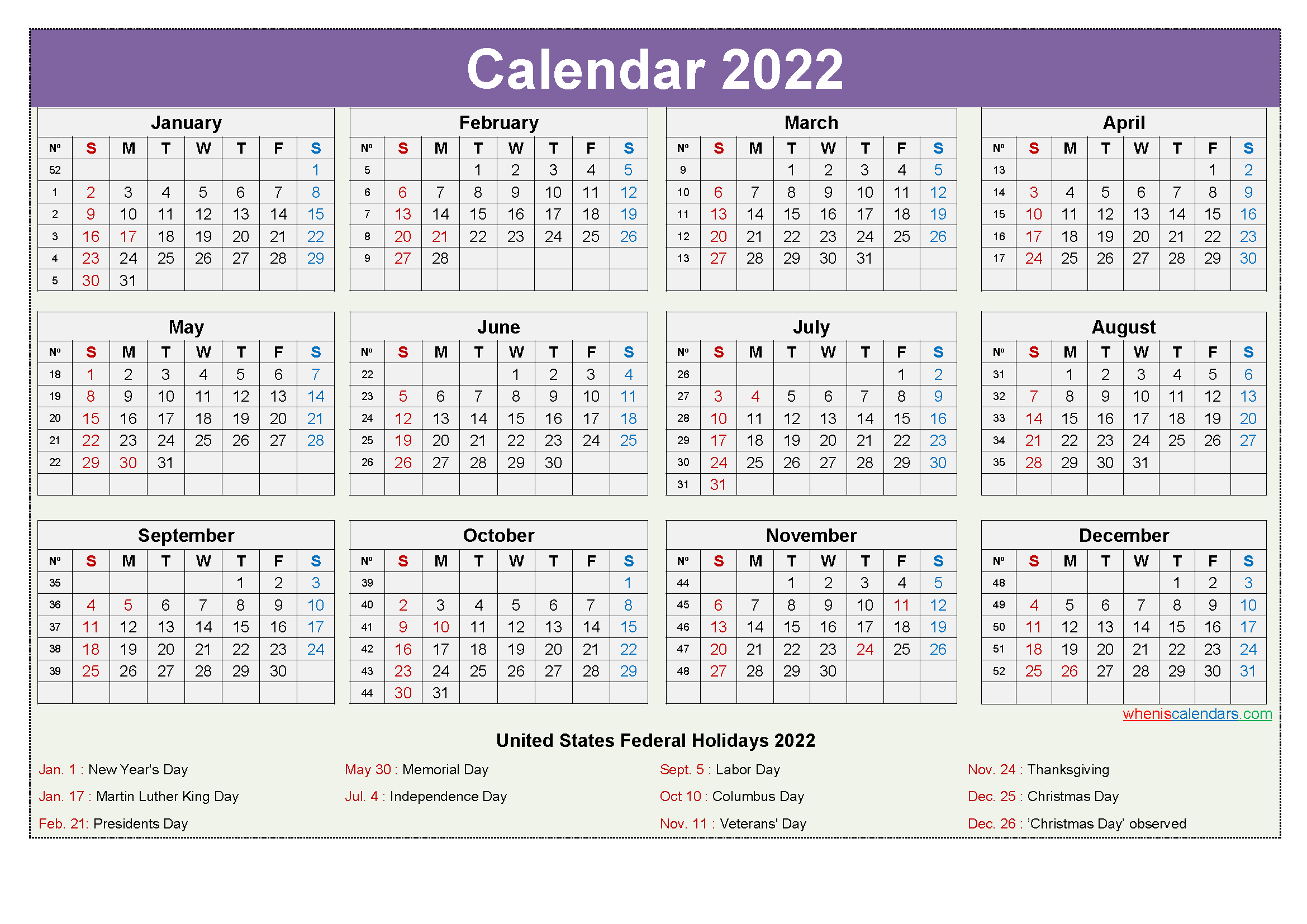Free Download Printable Calendar 2022 With Us Federal Holidays One