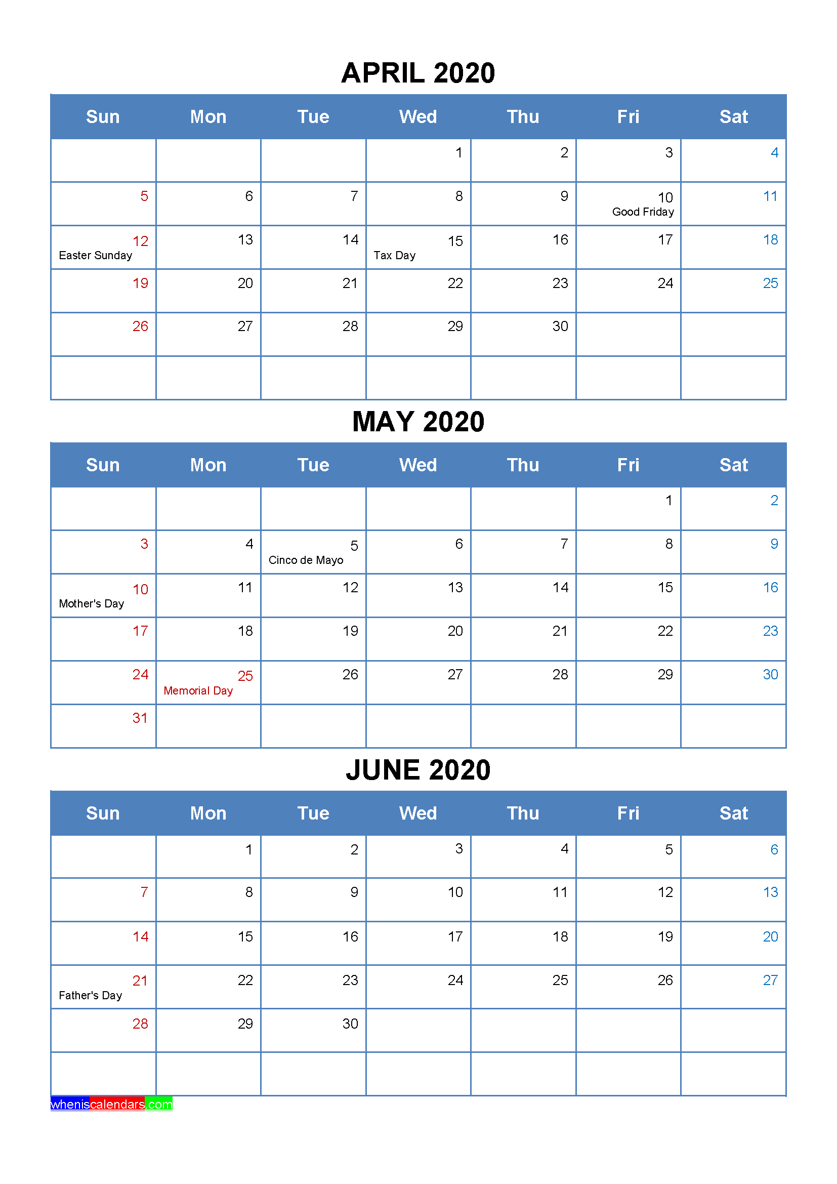 April May June 2020 Calendar with Holidays