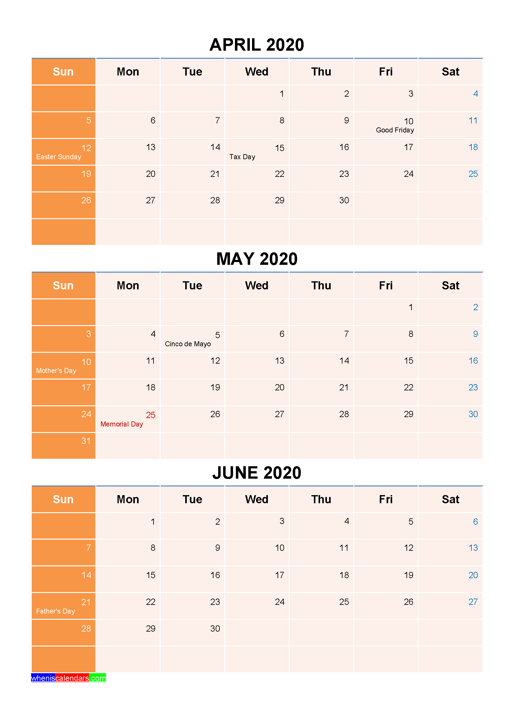 April May June 2020 Calendar with Holidays