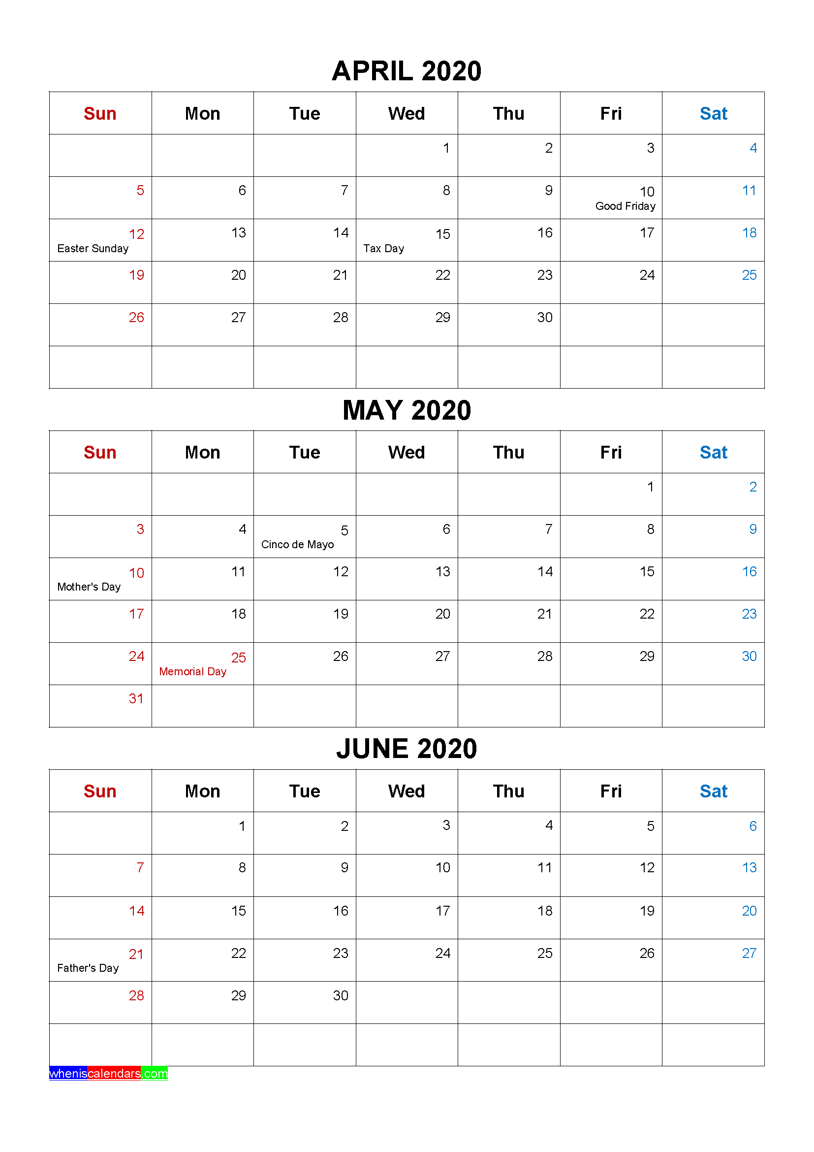Printable April May June 2020 Calendar Template Word, PDF