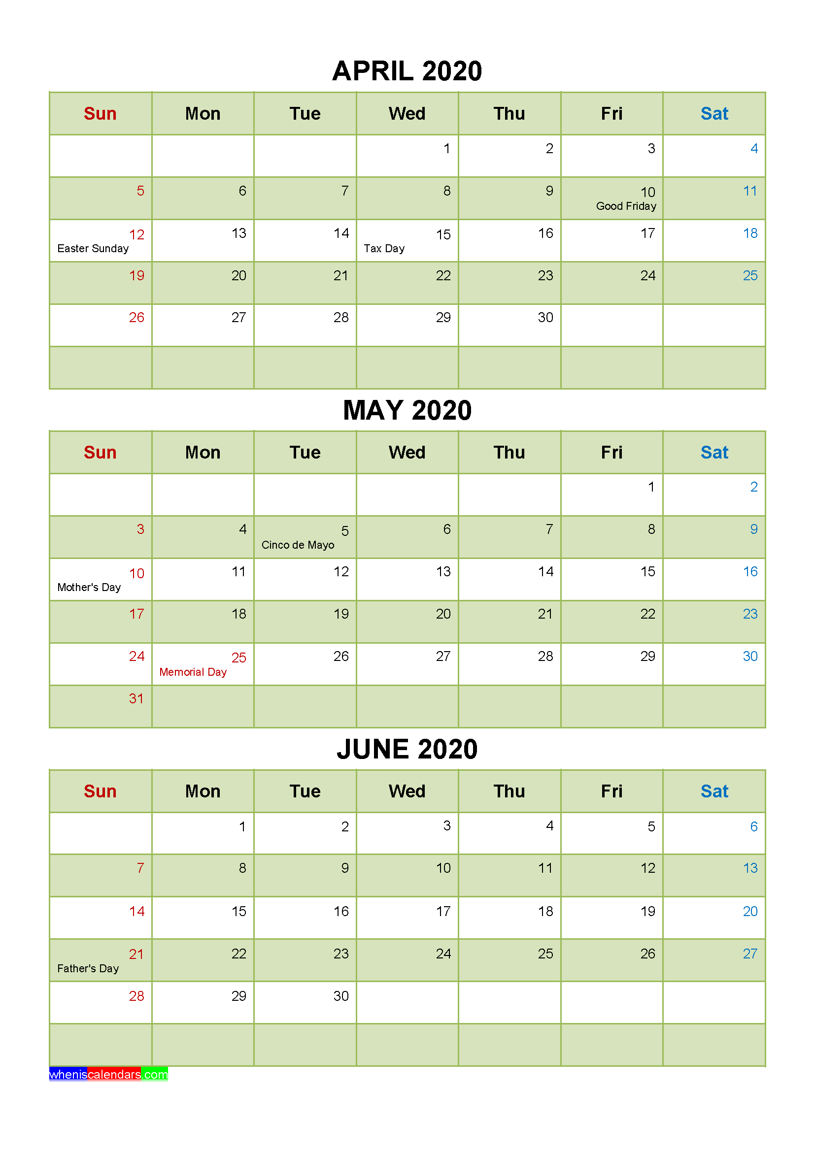 April May June 2020 Calendar with Holidays Word, PDF