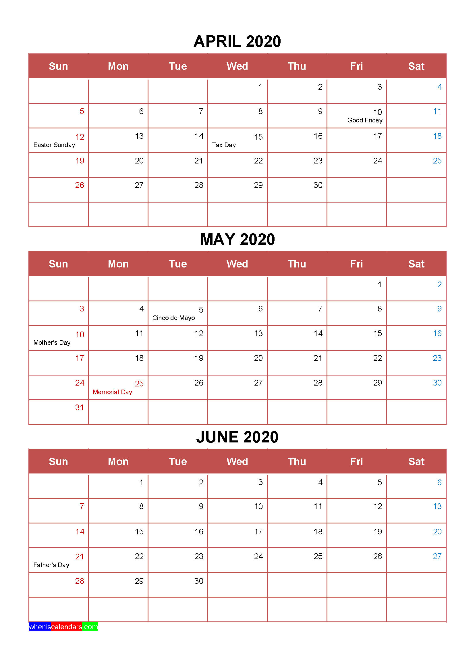 Printable April May June 2020 Calendar Template Word, PDF