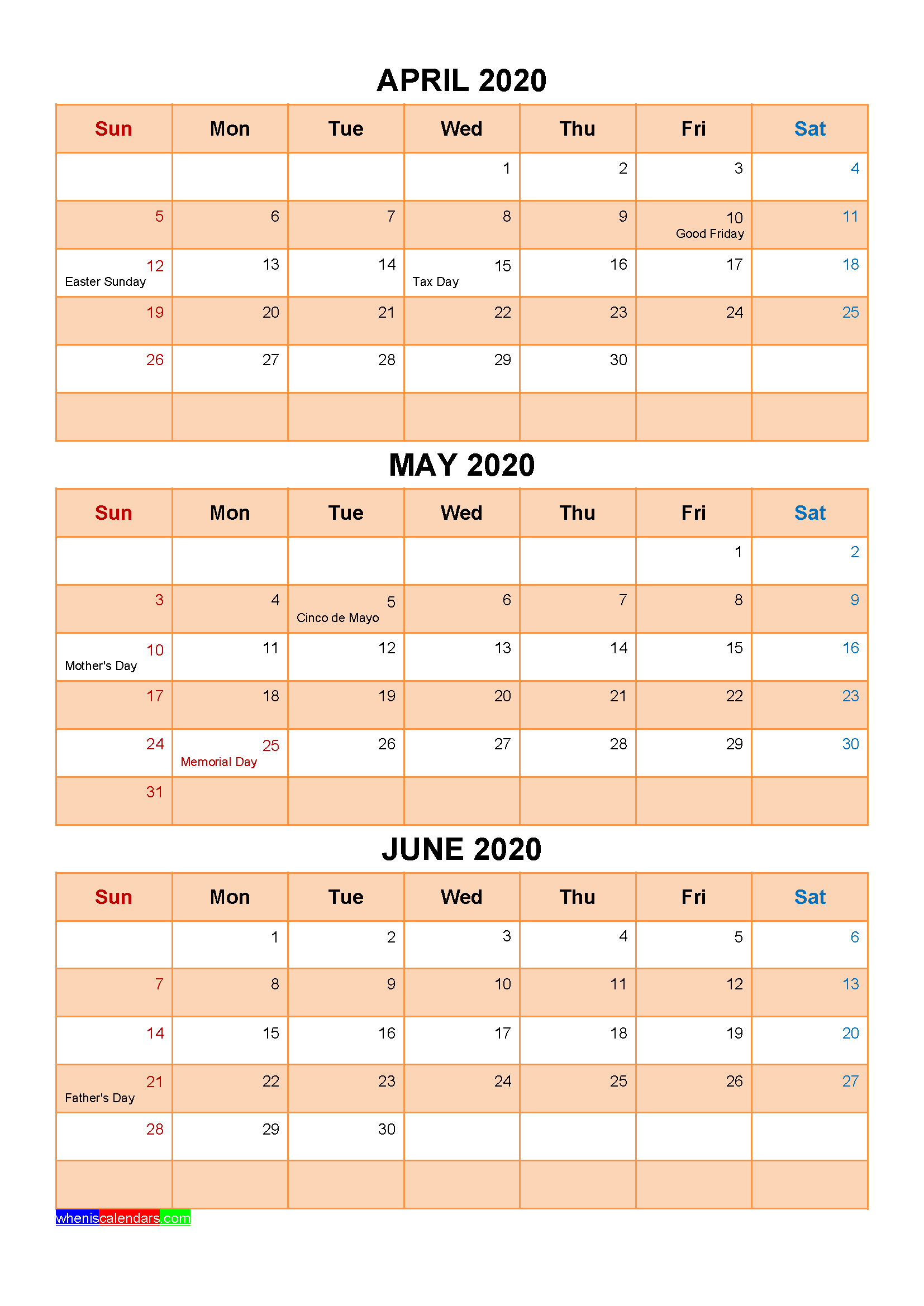 Free Printable April May June 2020 Calendar 3 Months 1 Page