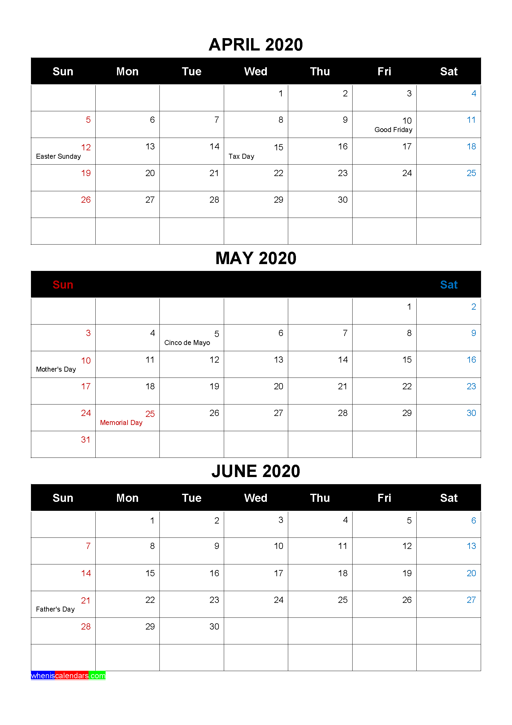 Free Calendar April May June 2020 with Holidays