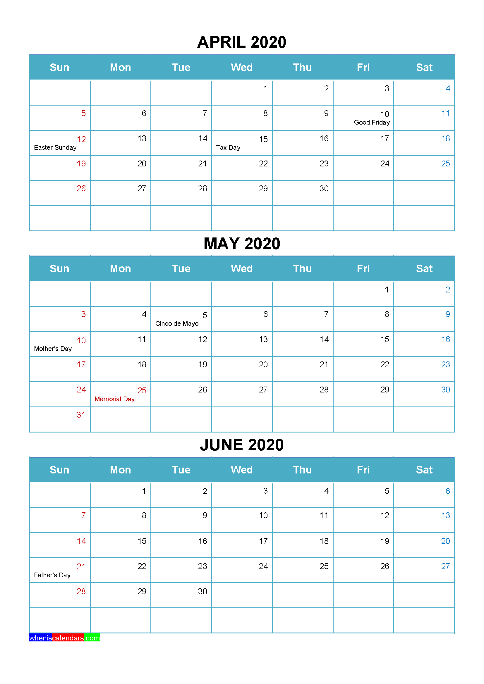 Printable April May June 2020 Calendar with Holidays