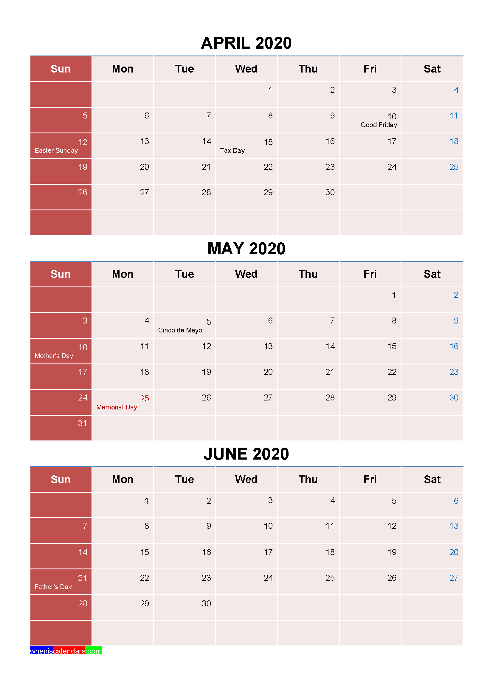 Printable April May June 2020 Calendar with Holidays
