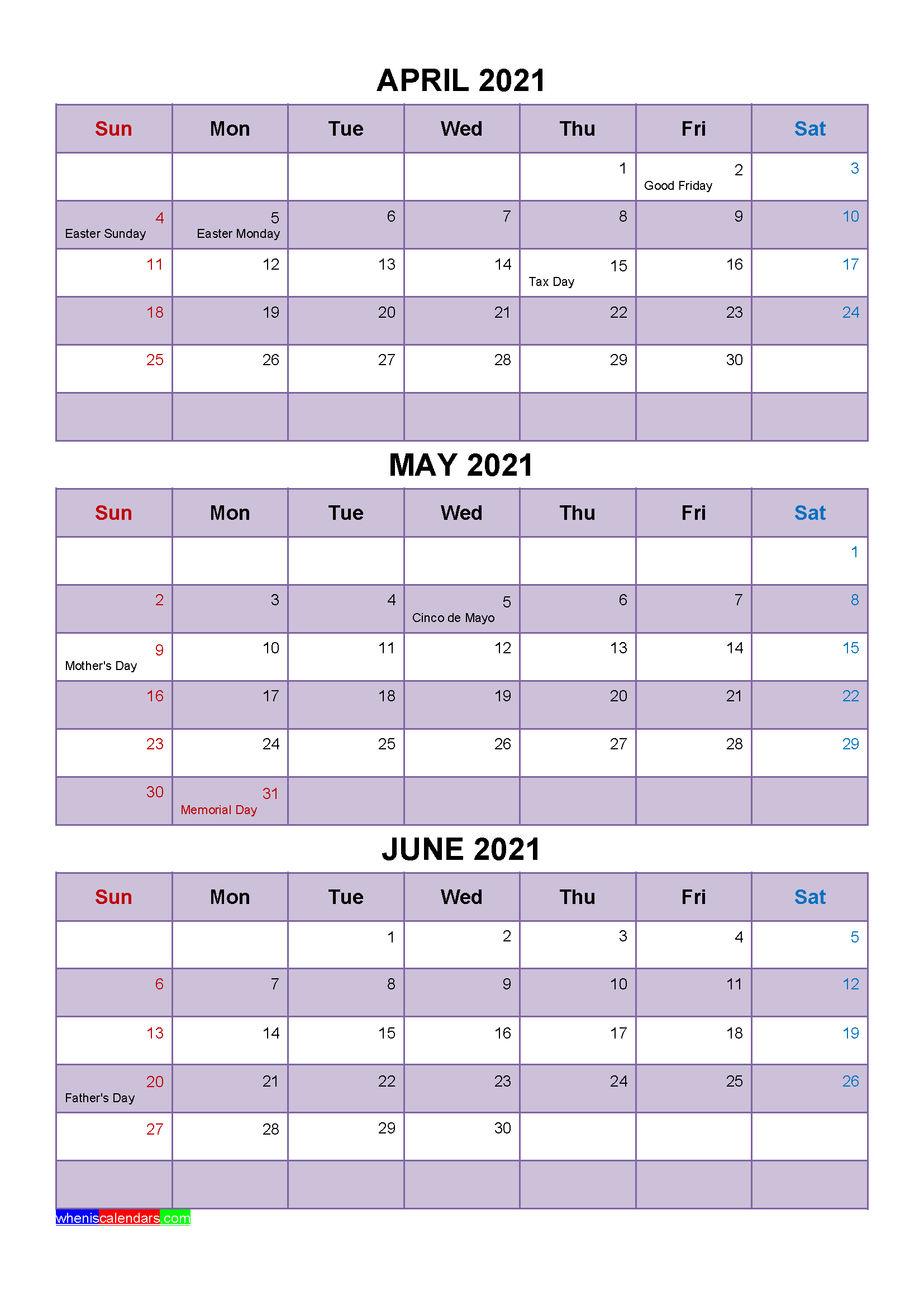 Free Printable April May June 2021 Calendar with Holidays ...
