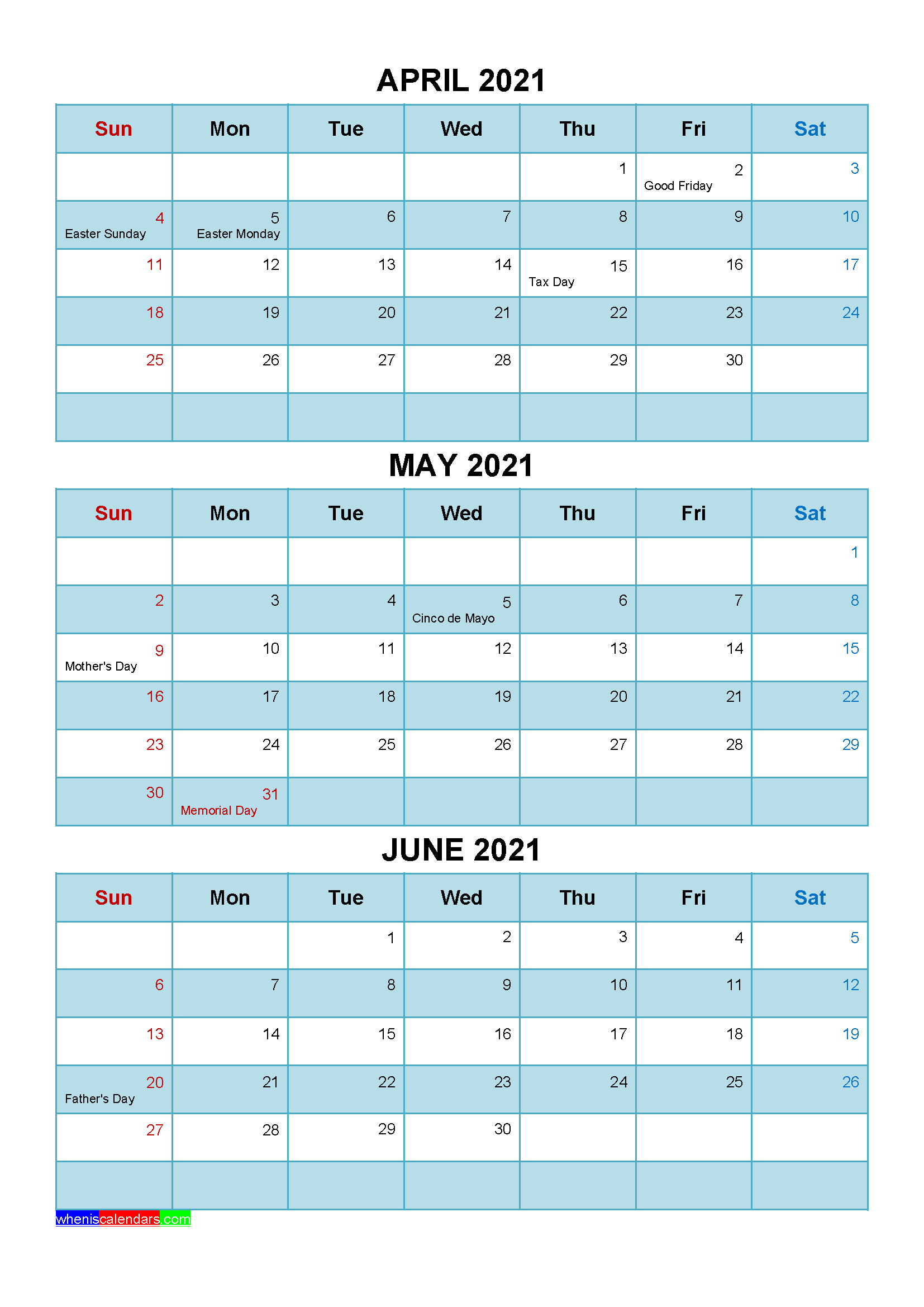 Free April May June 2021 Calendar with Holidays