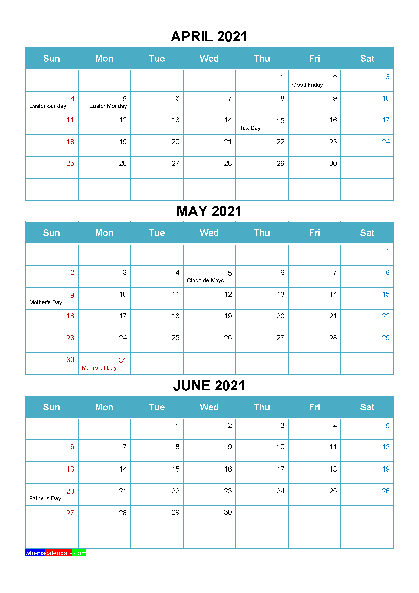 Printable April May June 2021 Calendar with Holidays