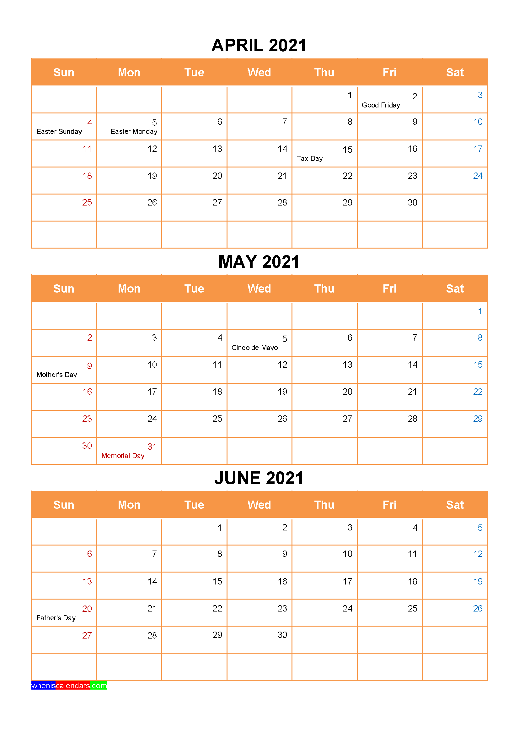 April May June 2021 Calendar with Holidays Word, PDF