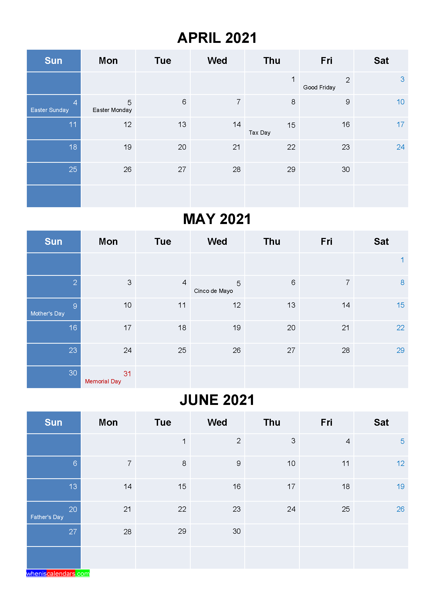 Printable April May June 2021 Calendar Template Word, PDF