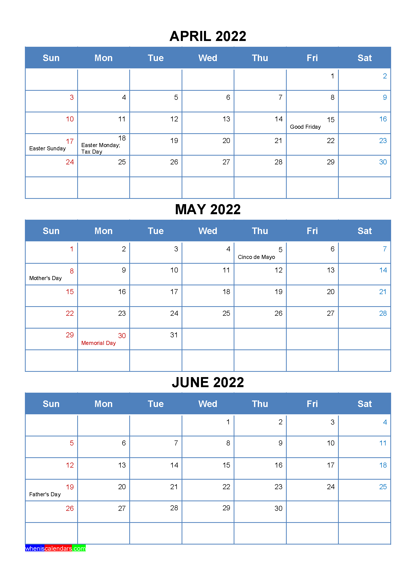 Free Printable April May June 2022 Calendar with Holidays as Word, PDF