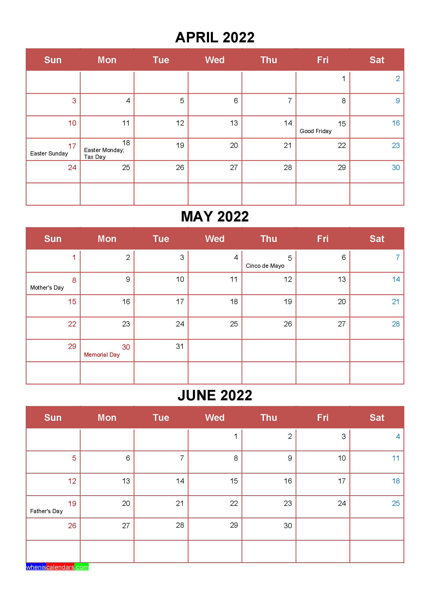Printable April May June 2022 Calendar Template Word Pdf