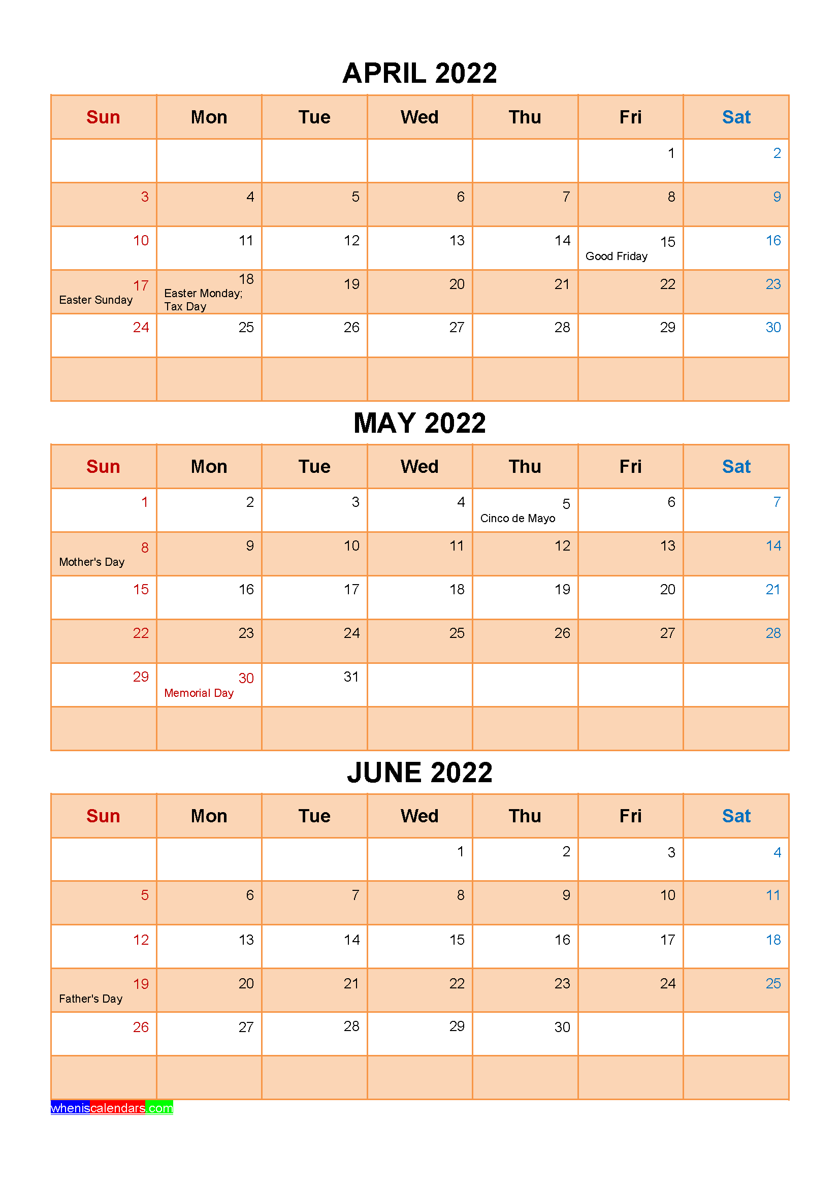 Free Printable April May June 2022 Calendar 3 Months 1 Page
