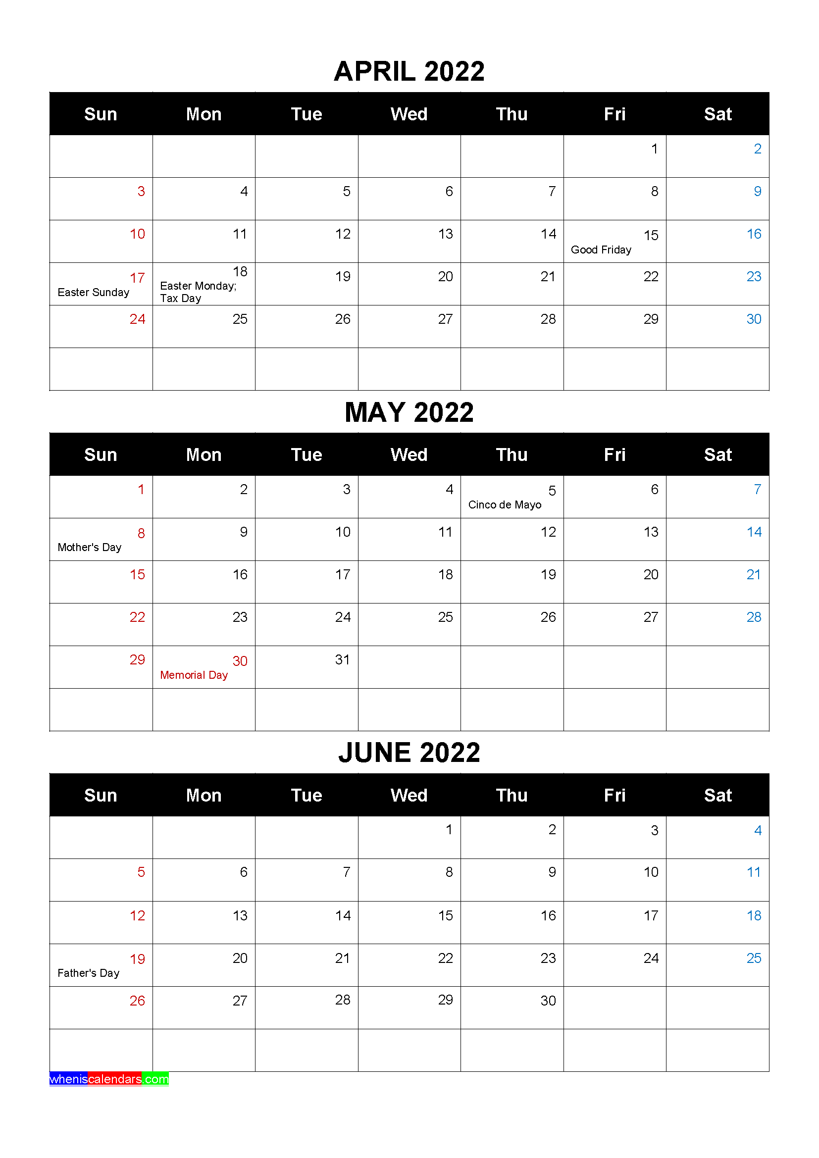 Free April May June 2022 Printable Calendar Template