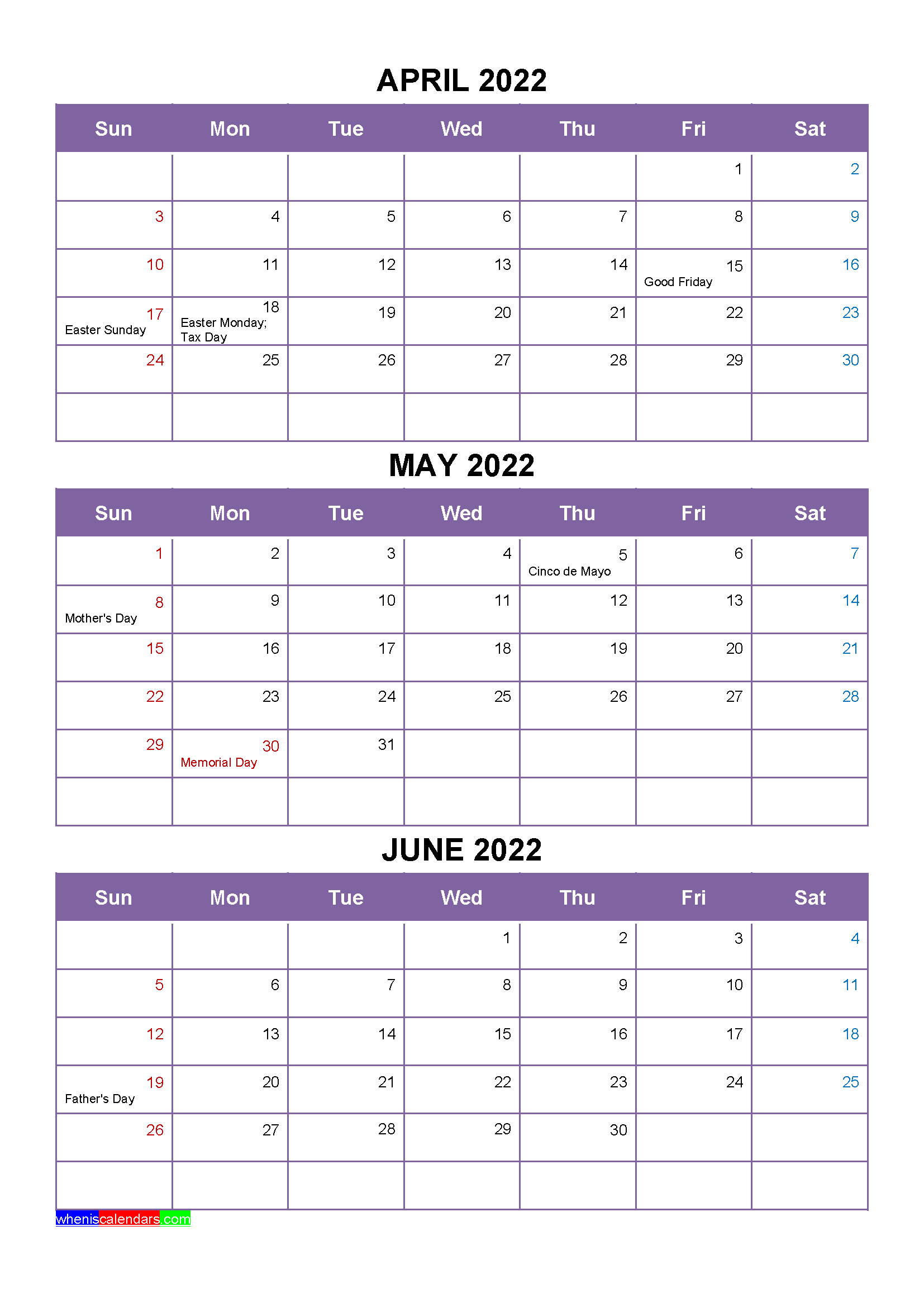 Free April May June 2022 Printable Calendar Template