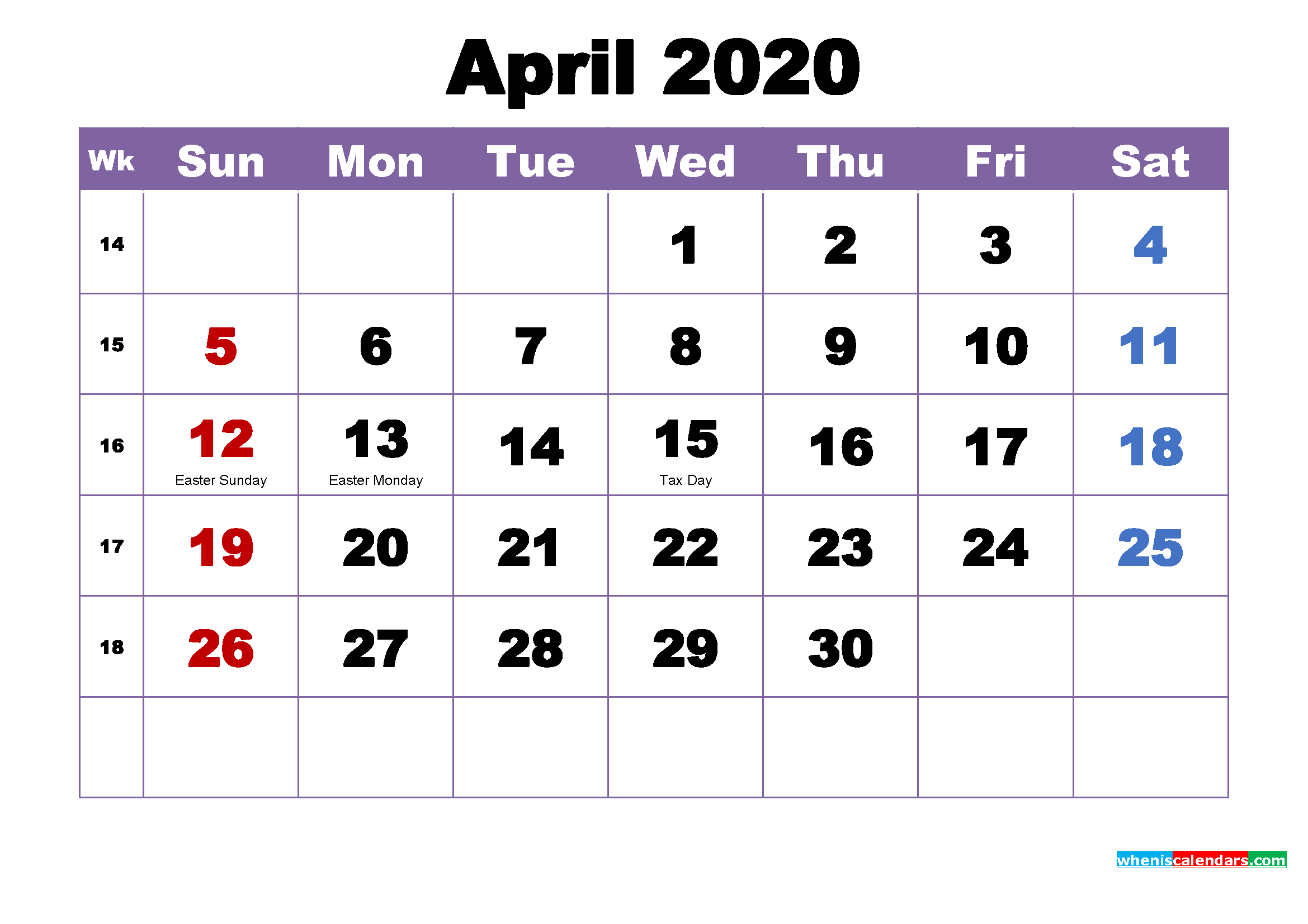 April 2020 Printable Calendar with Holidays Word, PDF