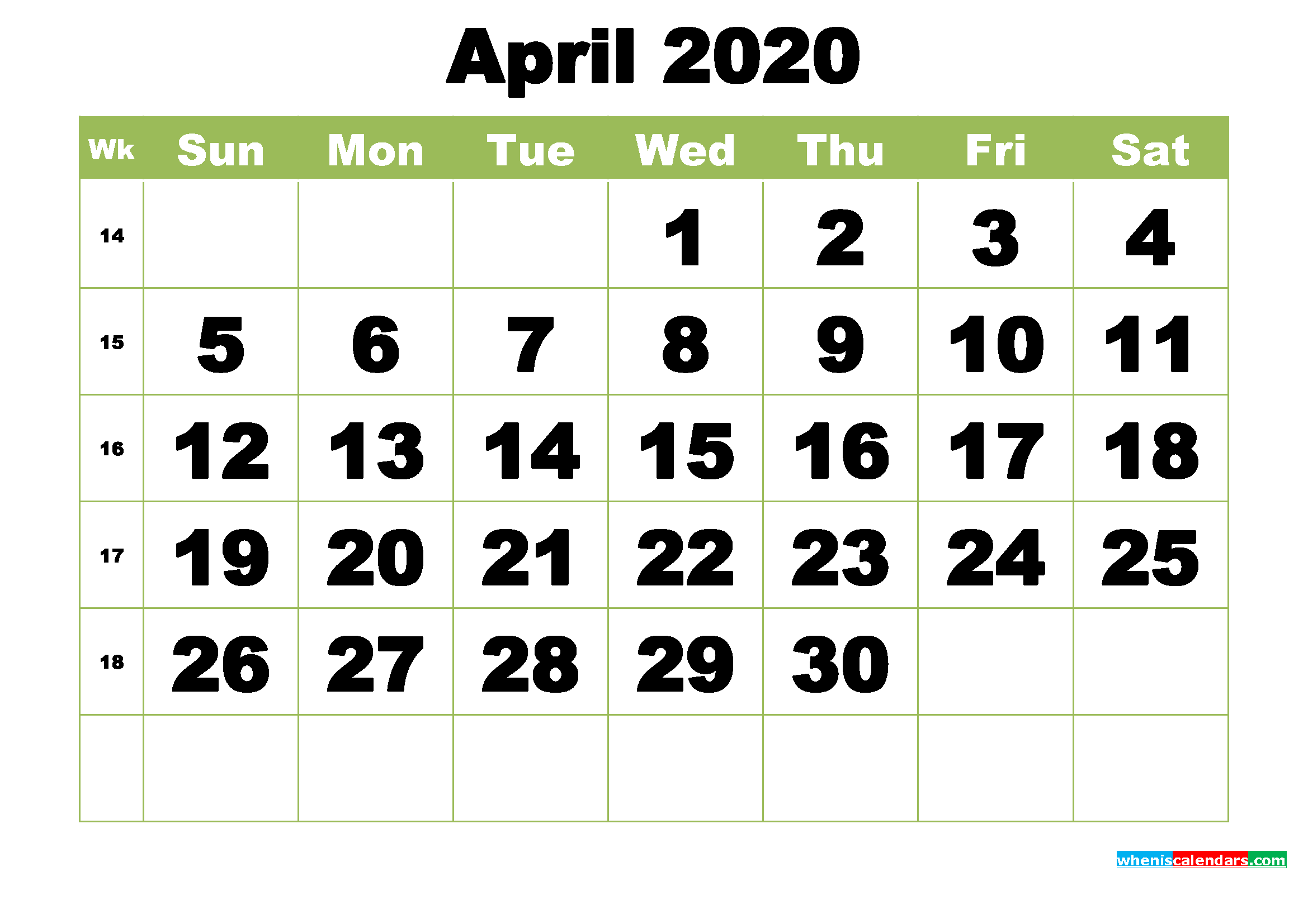 Free Printable Monthly Calendar April 2020