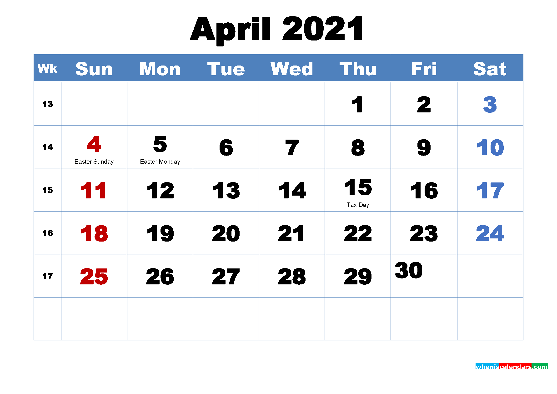 Printable April 2021 Calendar with Holidays - Free ...