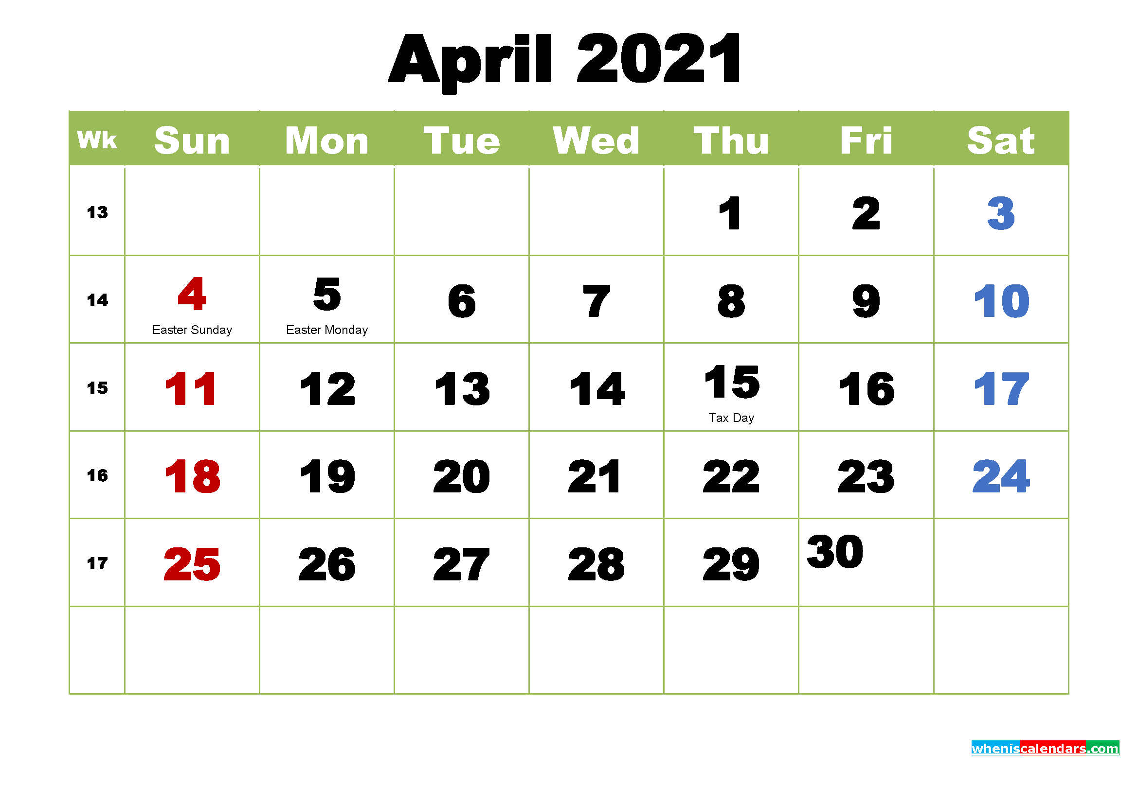 Free April 2021 Printable Calendar with Holidays - Free ...