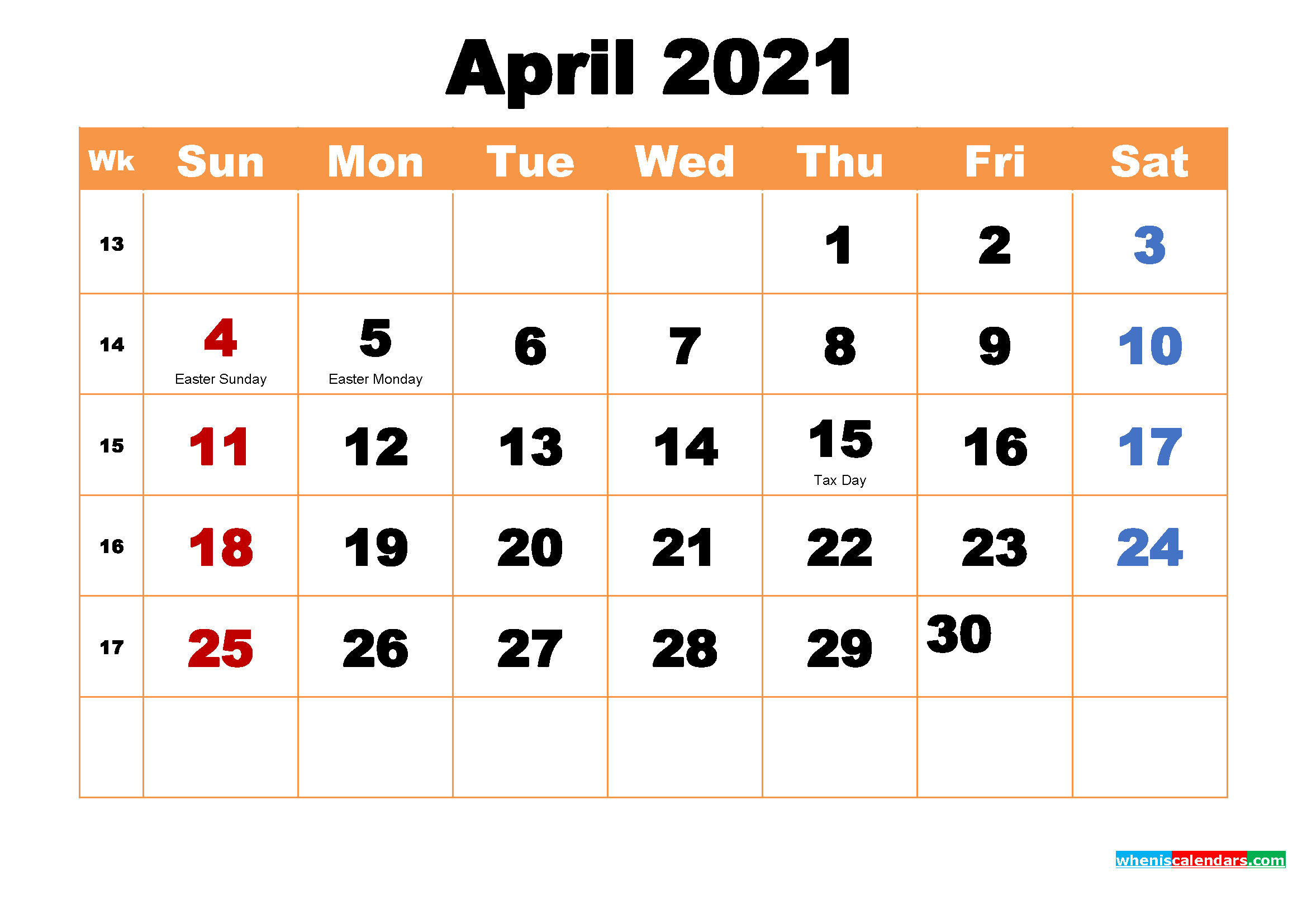 April 2021 Printable Monthly Calendar with Holidays