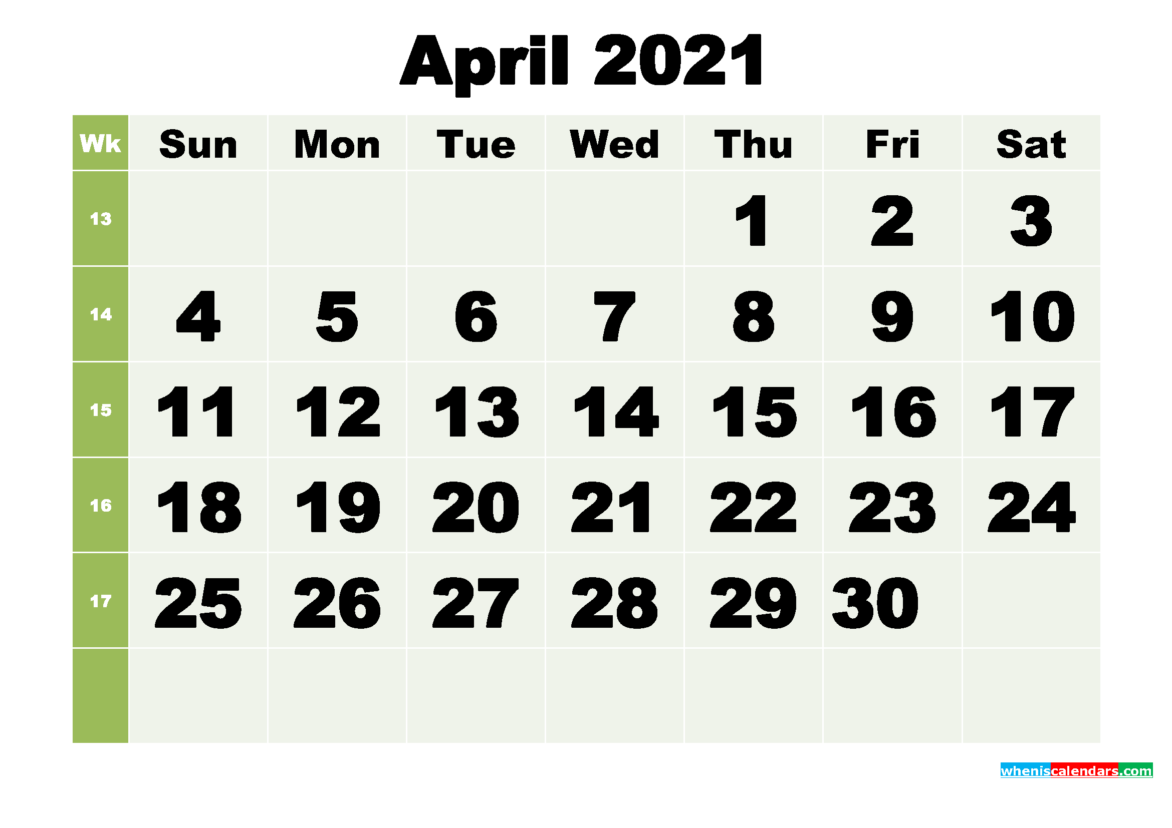 April 2021 Printable Calendar Template