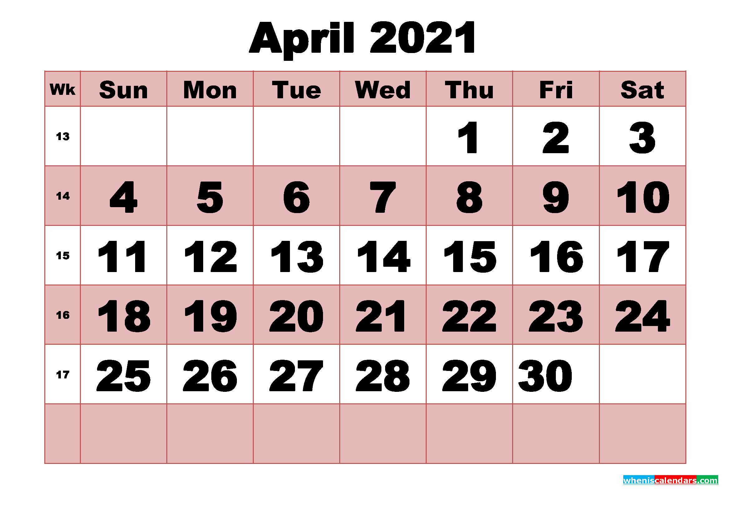 Free Printable Monthly Calendar April 2021