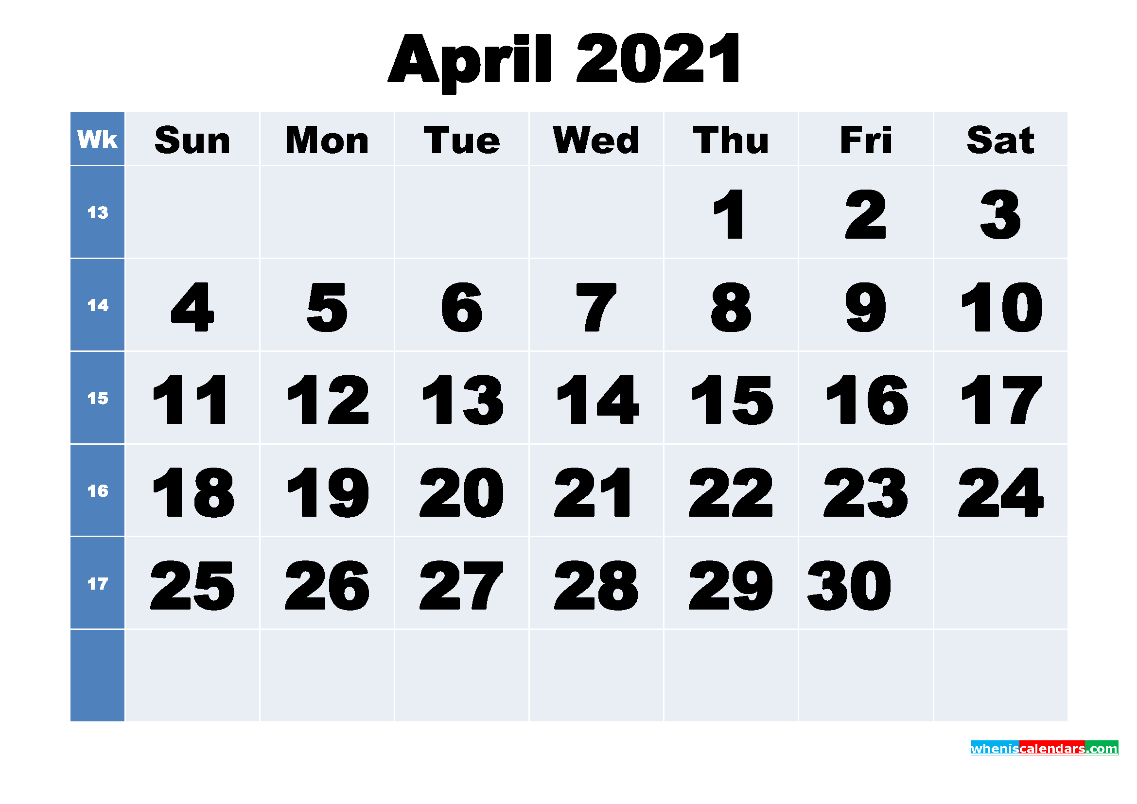 Free Printable April 2021 Calendar with Week Numbers