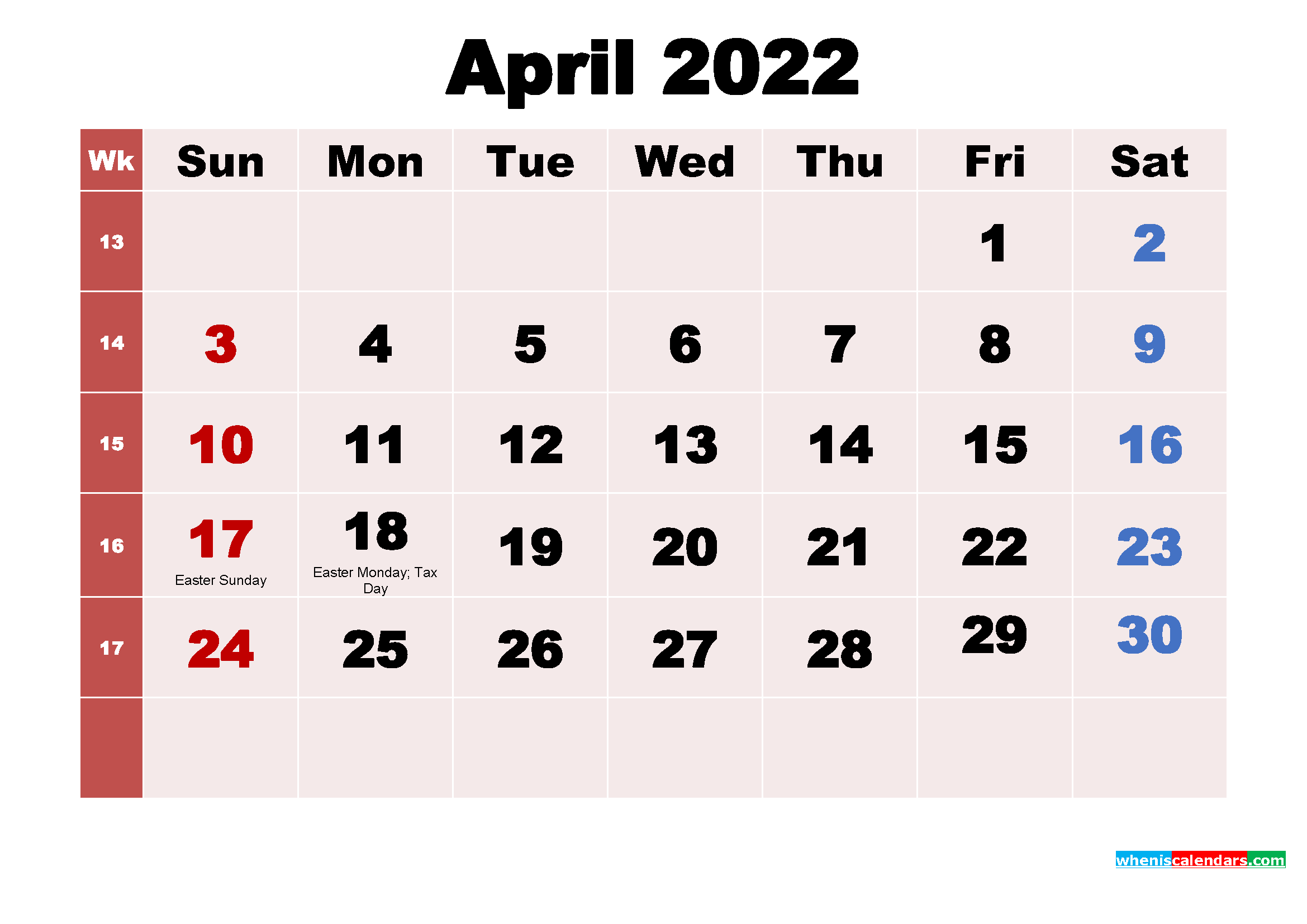 Free Printable April 2022 Calendar with Holidays as Word, PDF