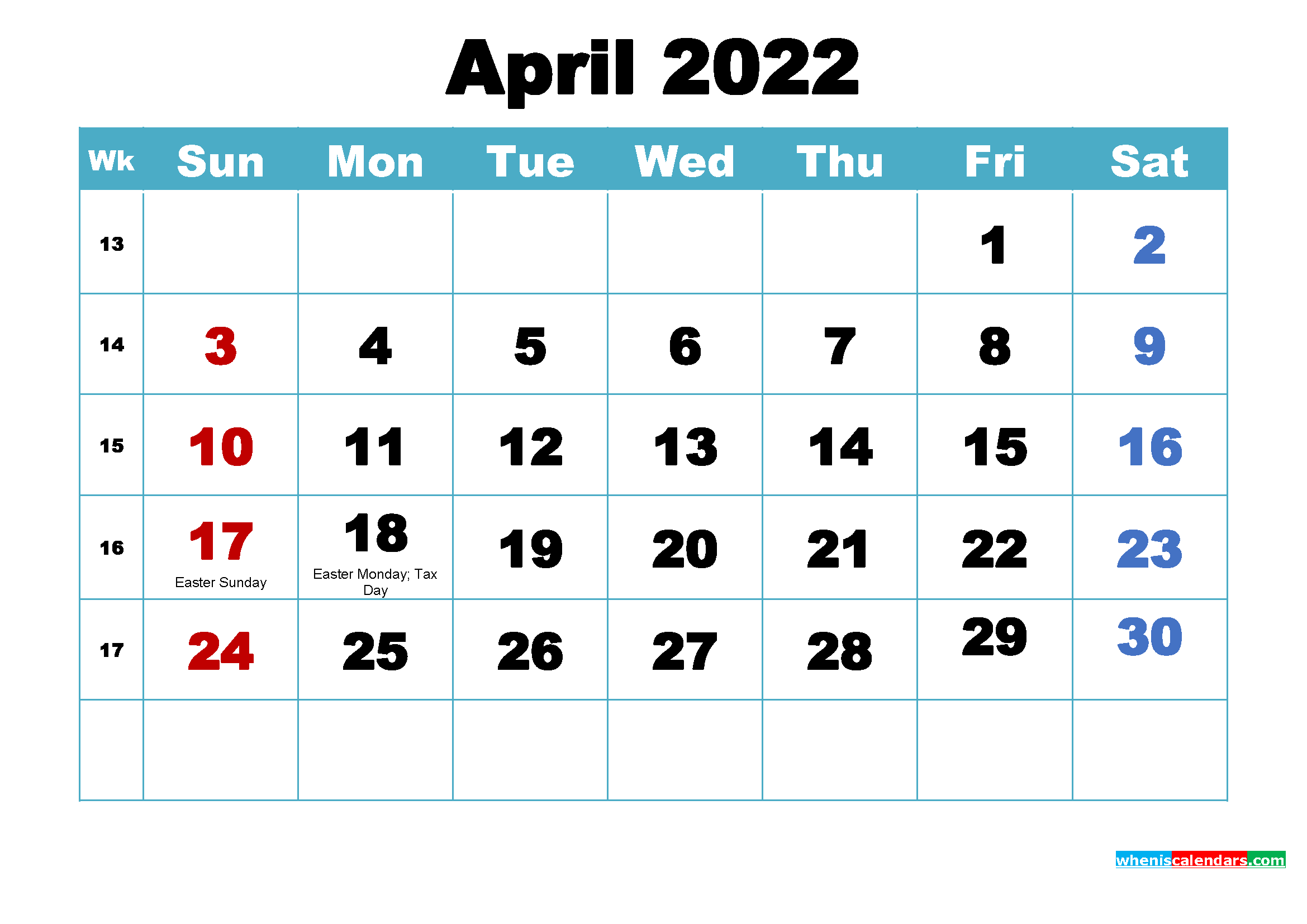 Free Printable 2022 Calendar April as Word, PDF