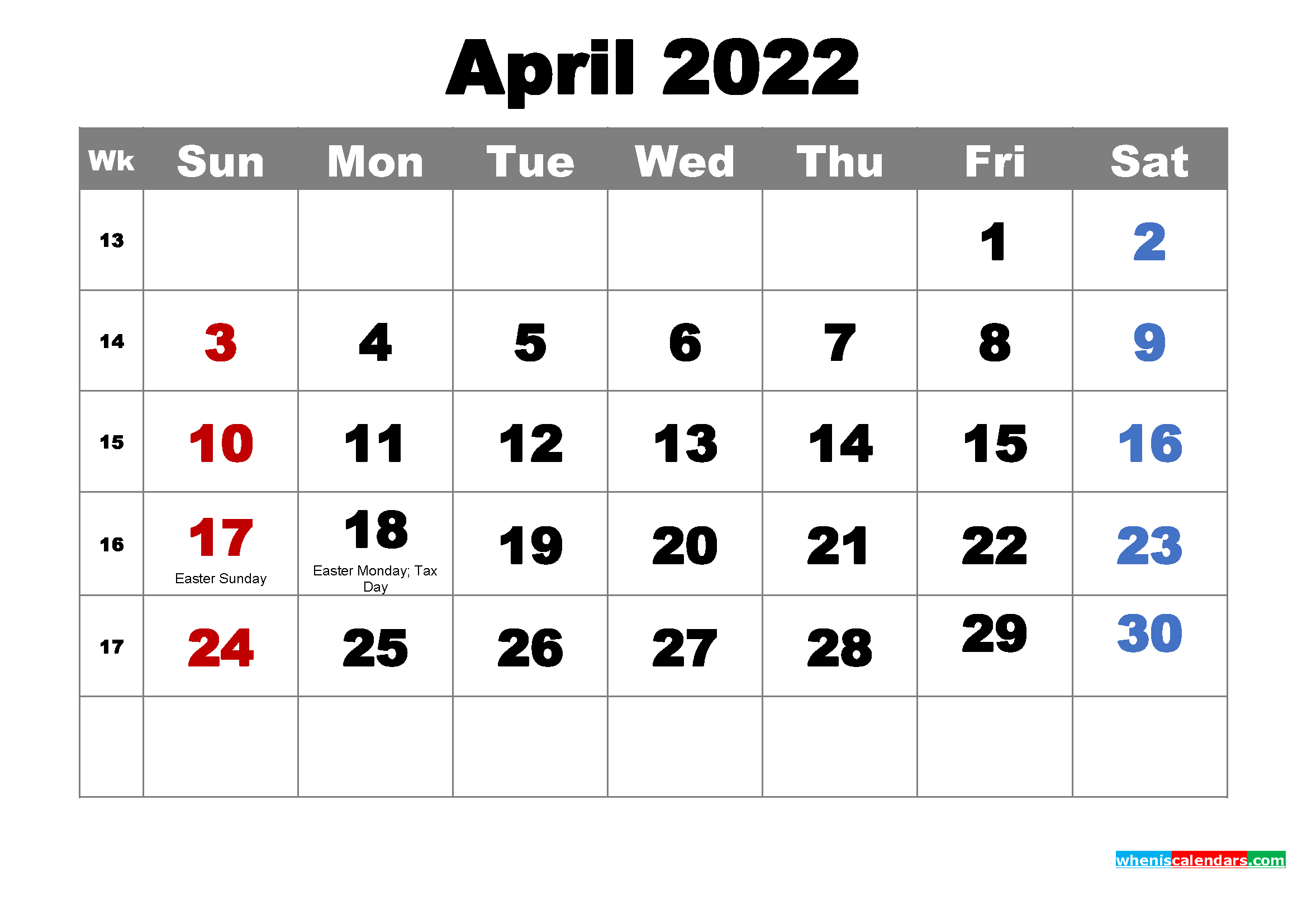 Free Printable April 2022 Calendar with Holidays as Word, PDF