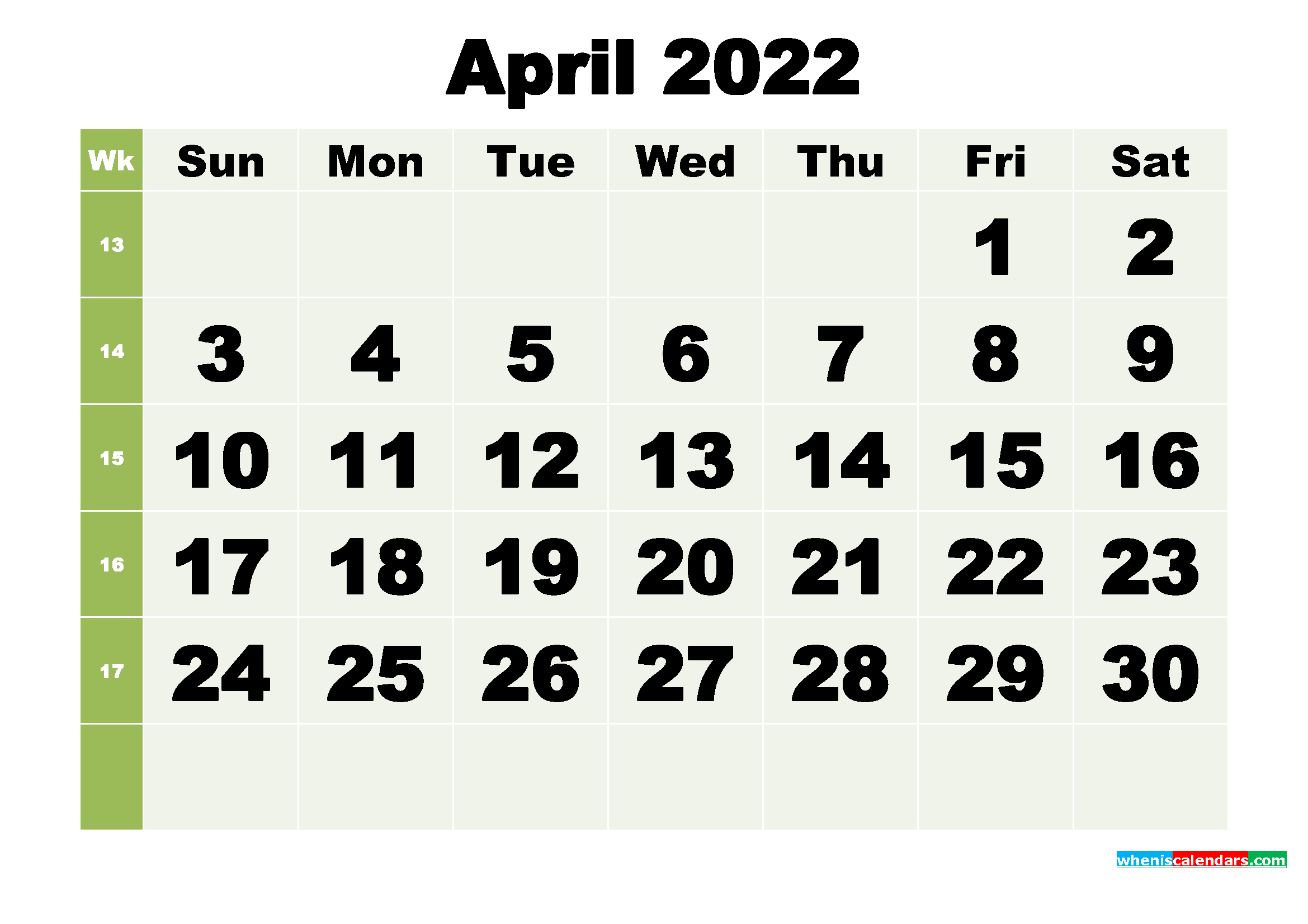 April 2022 Printable Calendar Template