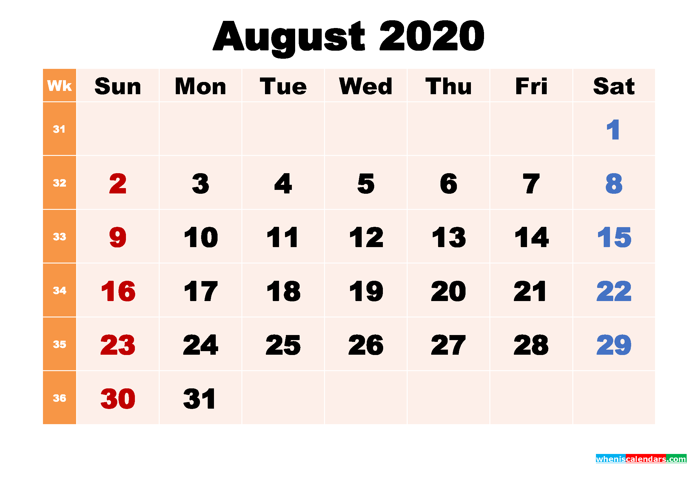 August 2020 Printable Calendar with Holidays Word, PDF