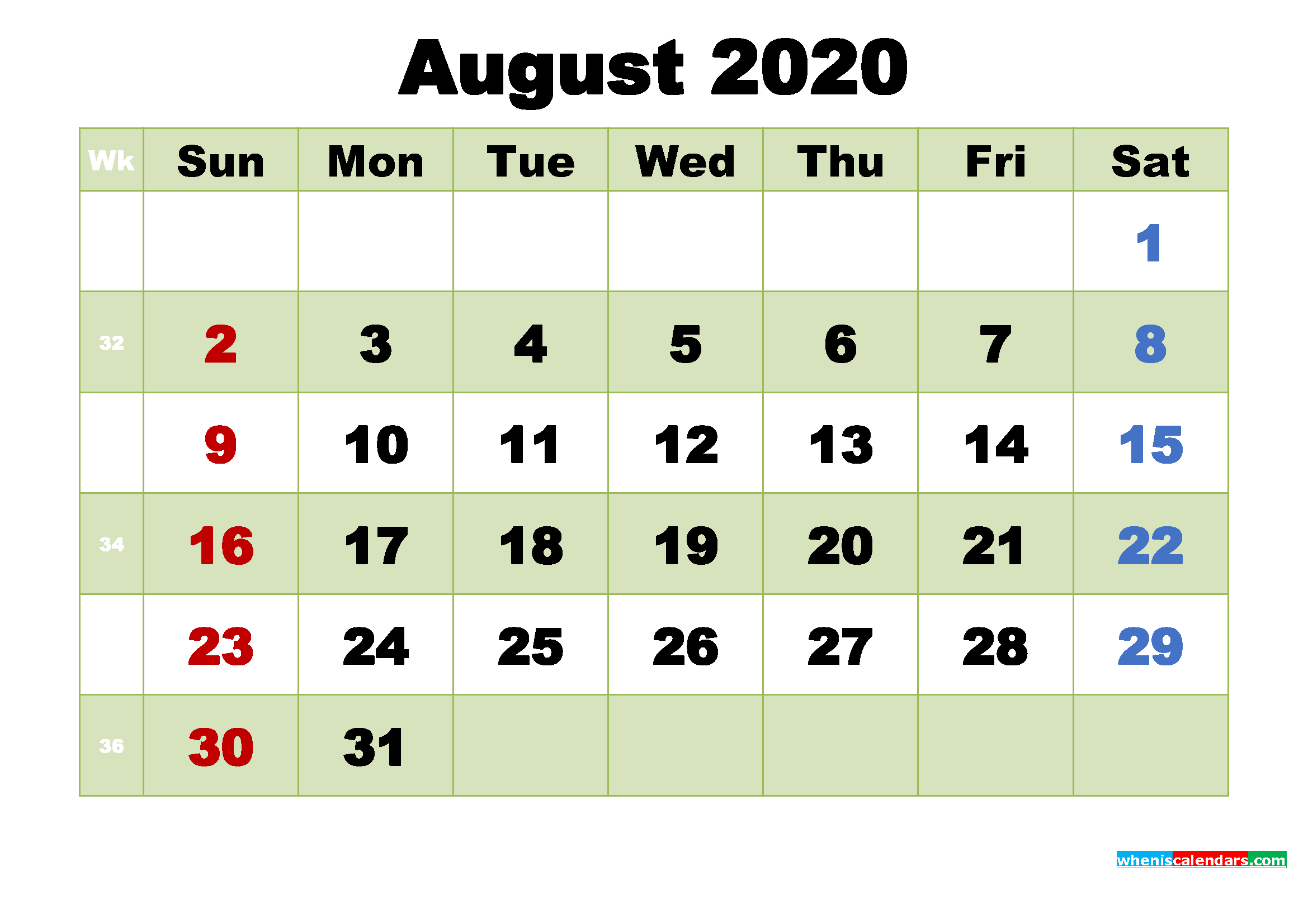 Free August 2020 Printable Calendar Template Word, PDF