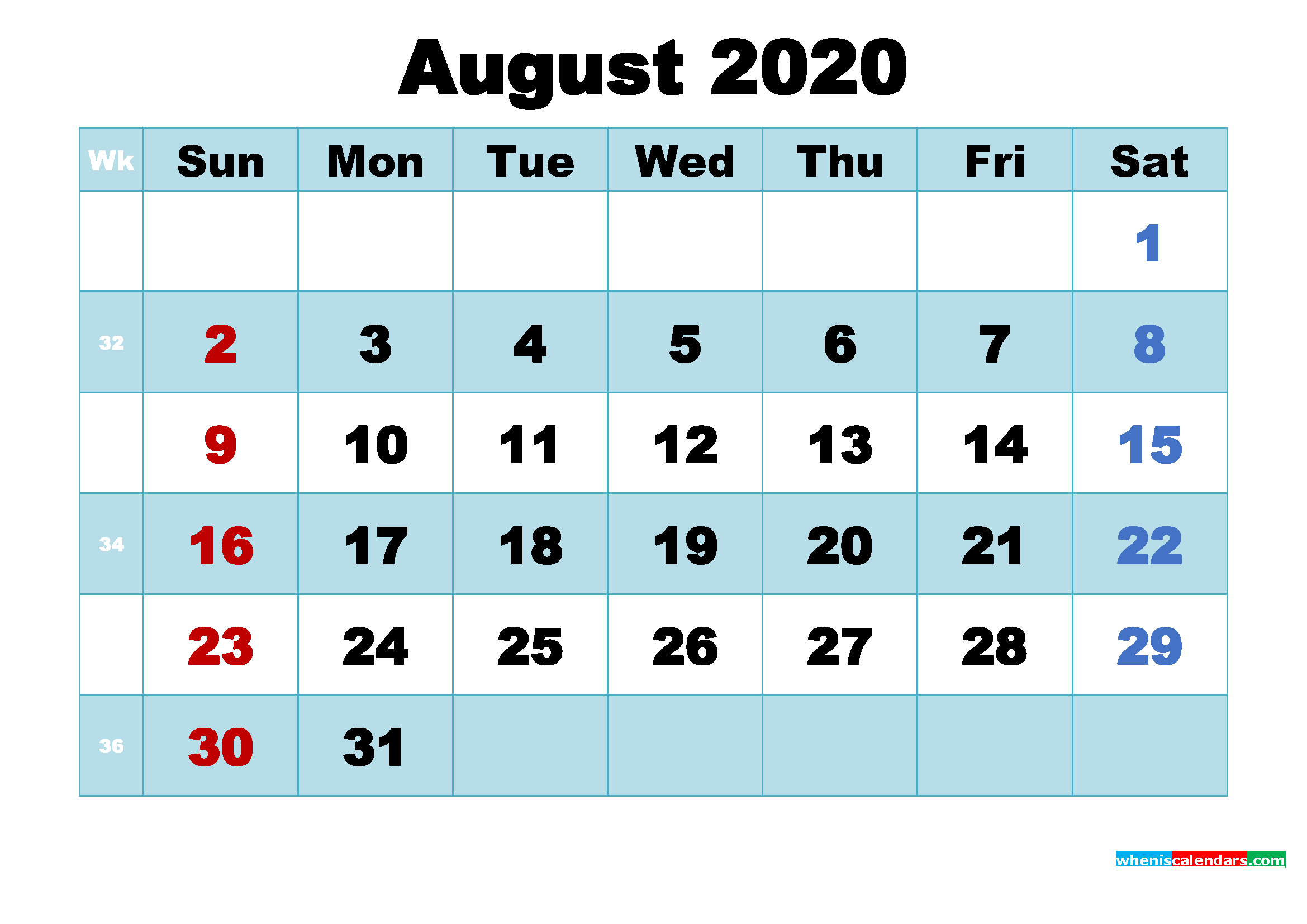 Free Printable August 2020 Calendar with Holidays as Word, PDF