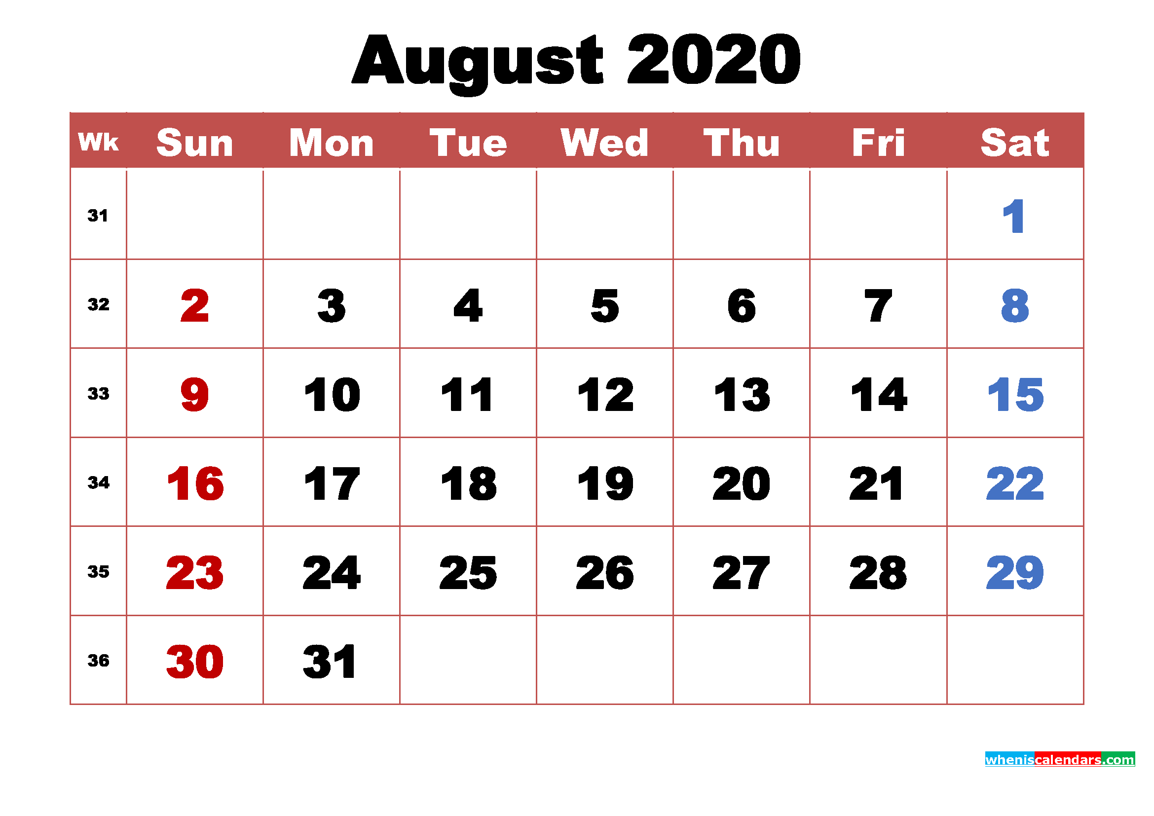 Printable August 2020 Calendar with Holidays Word, PDF